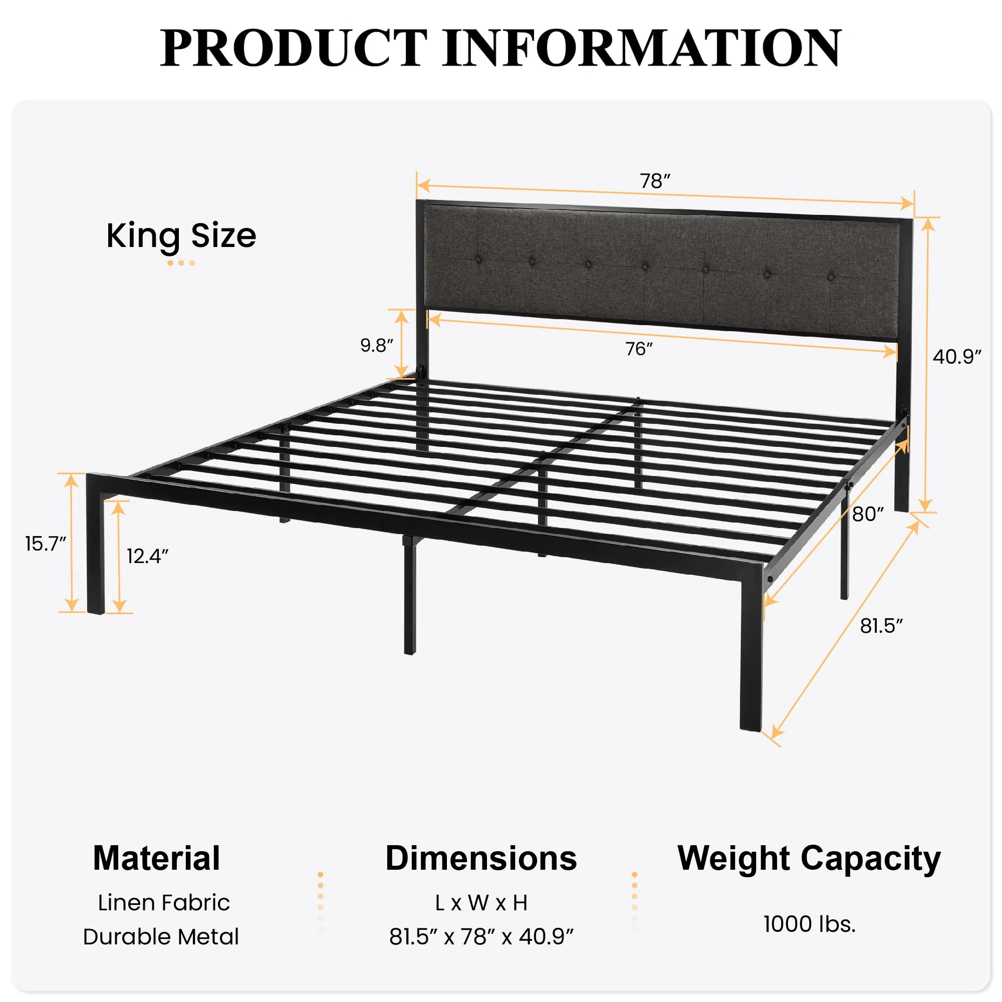 Platform Bed Frame with Upholstered Button Tufted Square Stitch Headboard