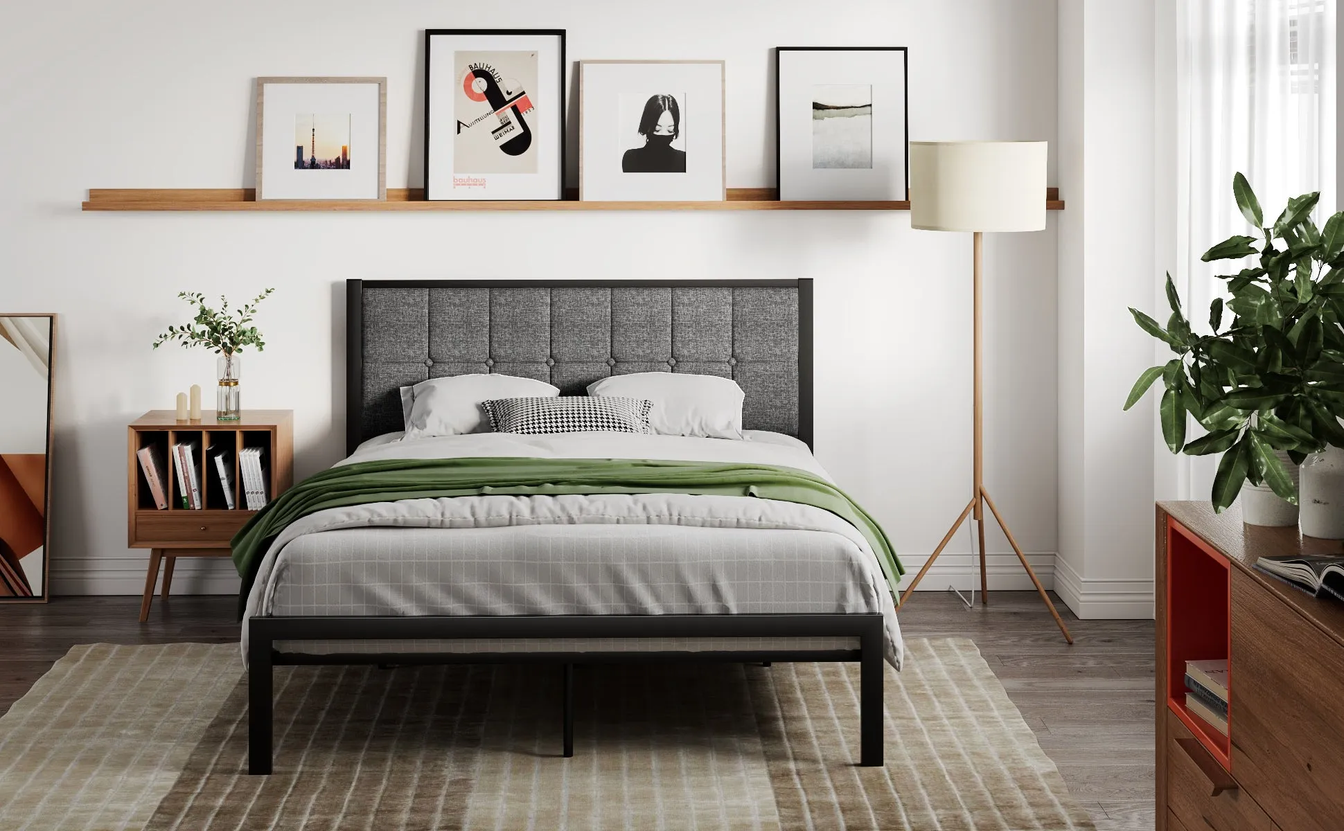 Platform Bed Frame with Upholstered Button Tufted Square Stitch Headboard