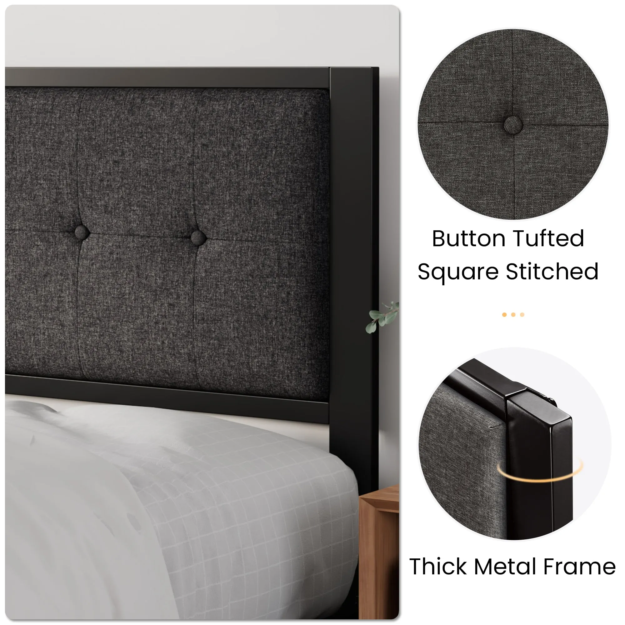 Platform Bed Frame with Upholstered Button Tufted Square Stitch Headboard