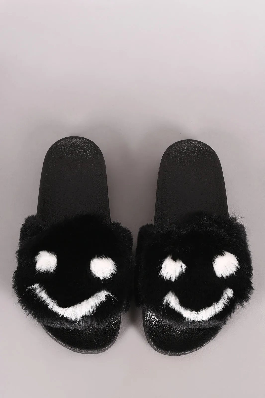 Qupid Faux Fur Smiley Face Open Toe Slide Sandal