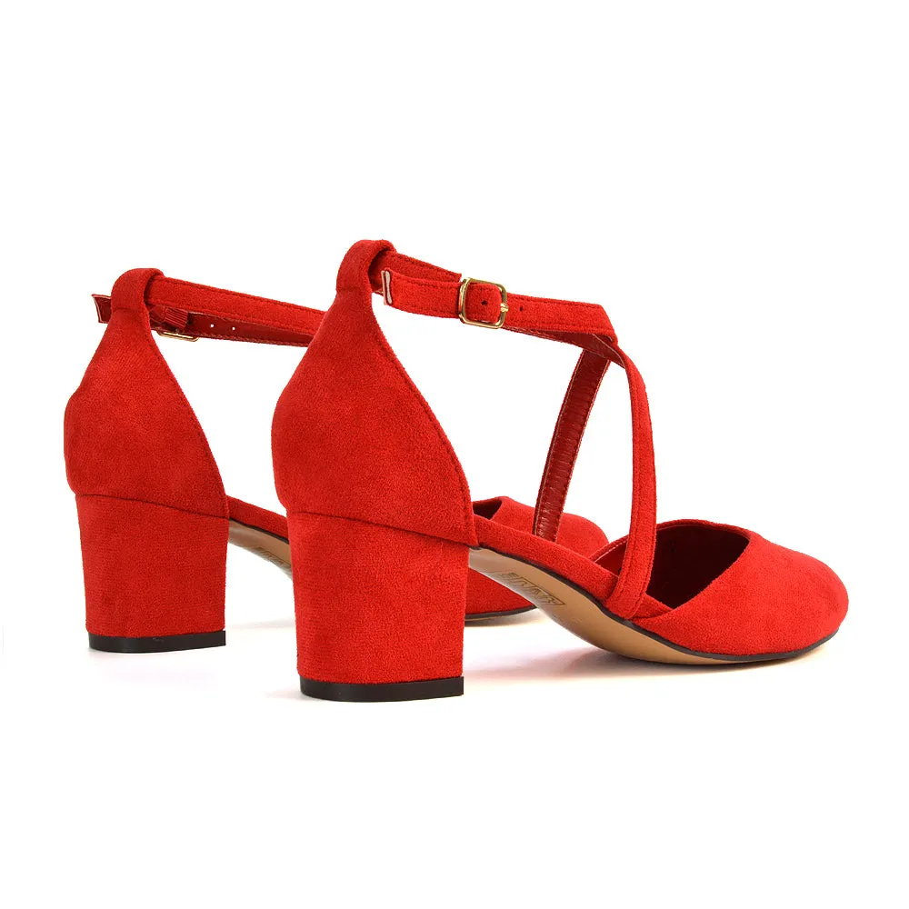 Riana Closed Toe Mid Block Heel Sandal Court Shoes in Red Faux Suede