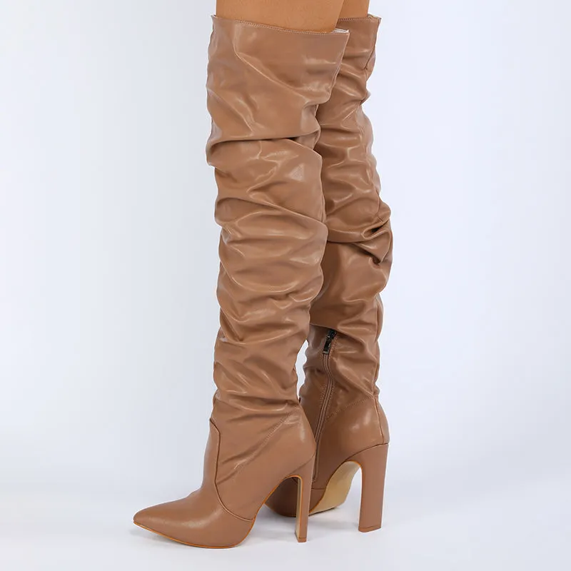 Ruched Pointed Toe Block Heel Boot