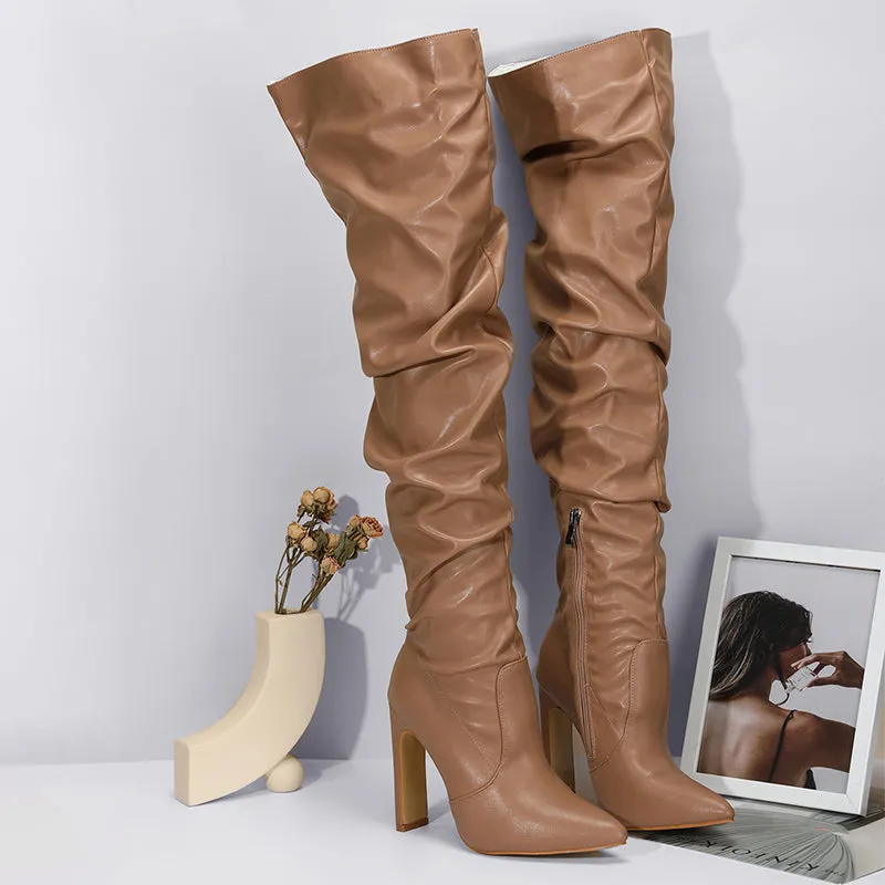 Ruched Pointed Toe Block Heel Boot