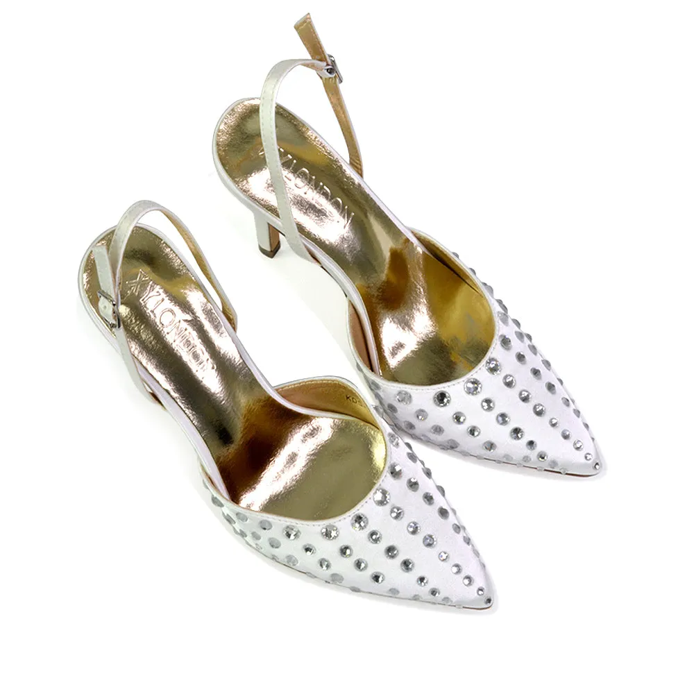 Shelly Strappy Slingback Pointed Toe Diamante Stiletto Bridal Heels in Ivory