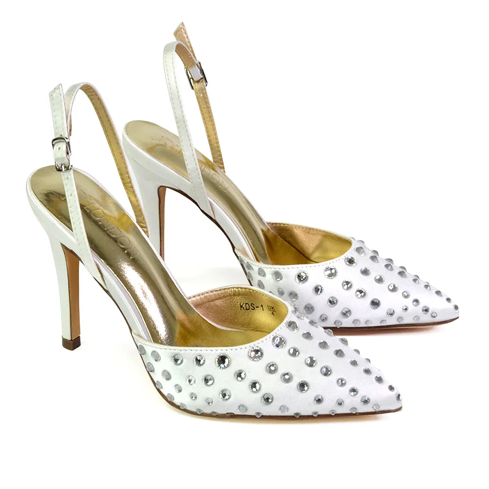 Shelly Strappy Slingback Pointed Toe Diamante Stiletto Bridal Heels in Ivory