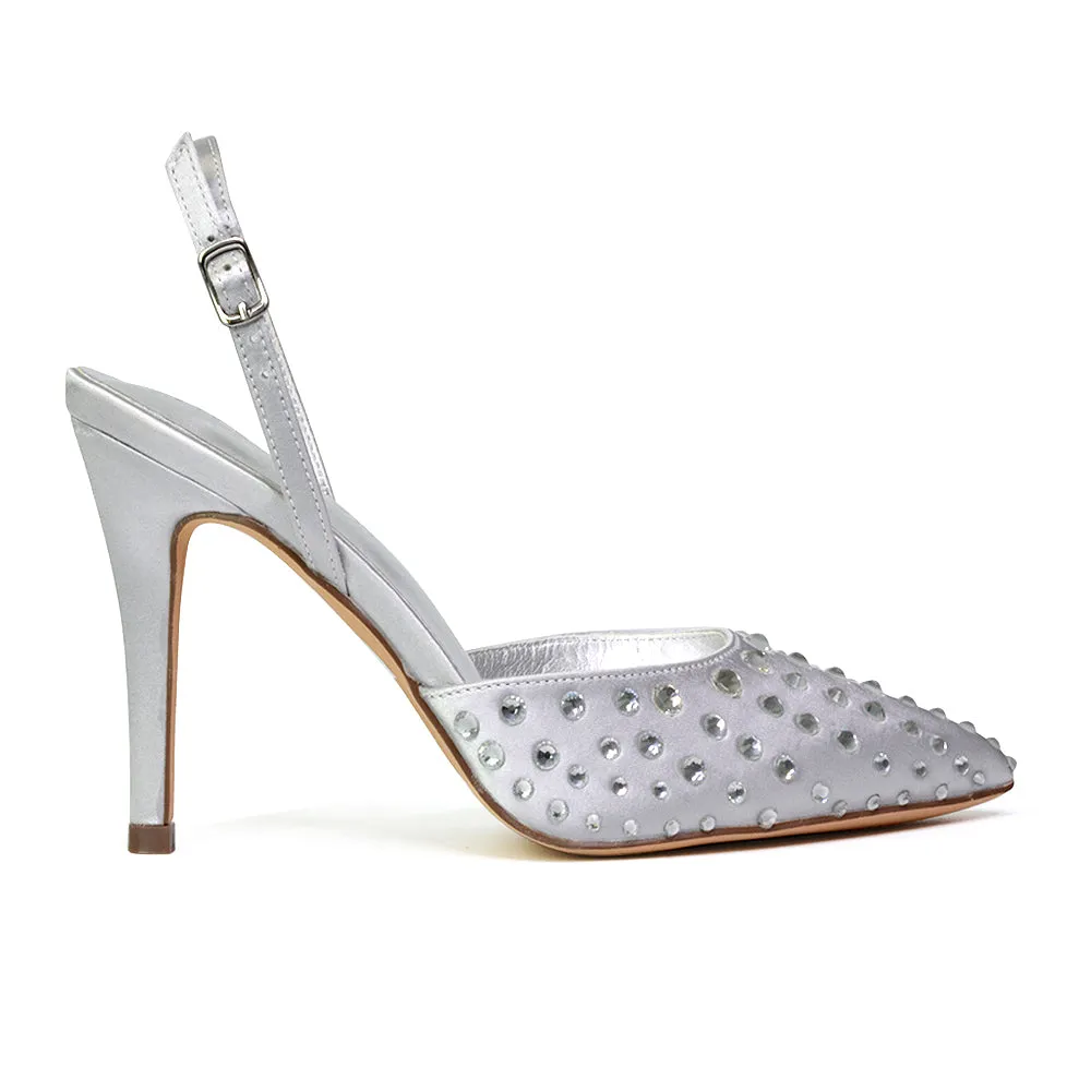 Shelly Strappy Slingback Pointed Toe Diamante Stiletto Bridal Heels in Ivory