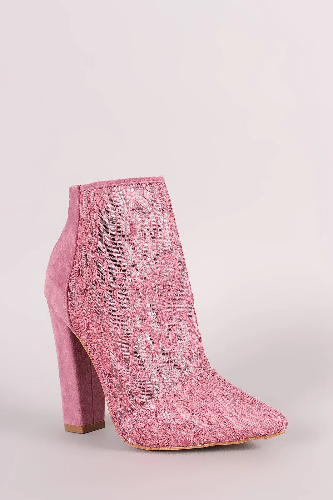 Shoe Republic LA Suede Lace Pointy Toe Chunky Heeled Booties