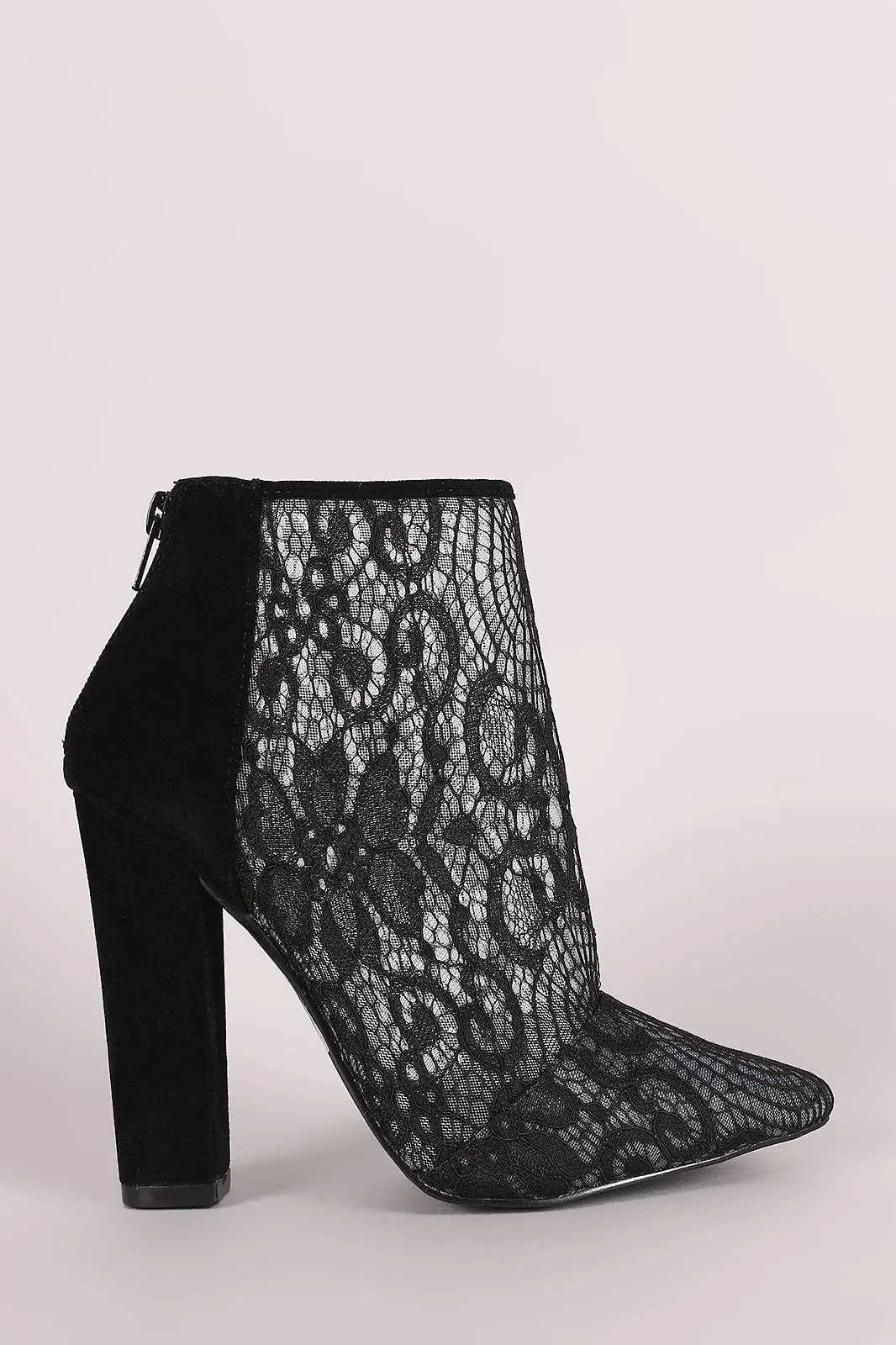 Shoe Republic LA Suede Lace Pointy Toe Chunky Heeled Booties