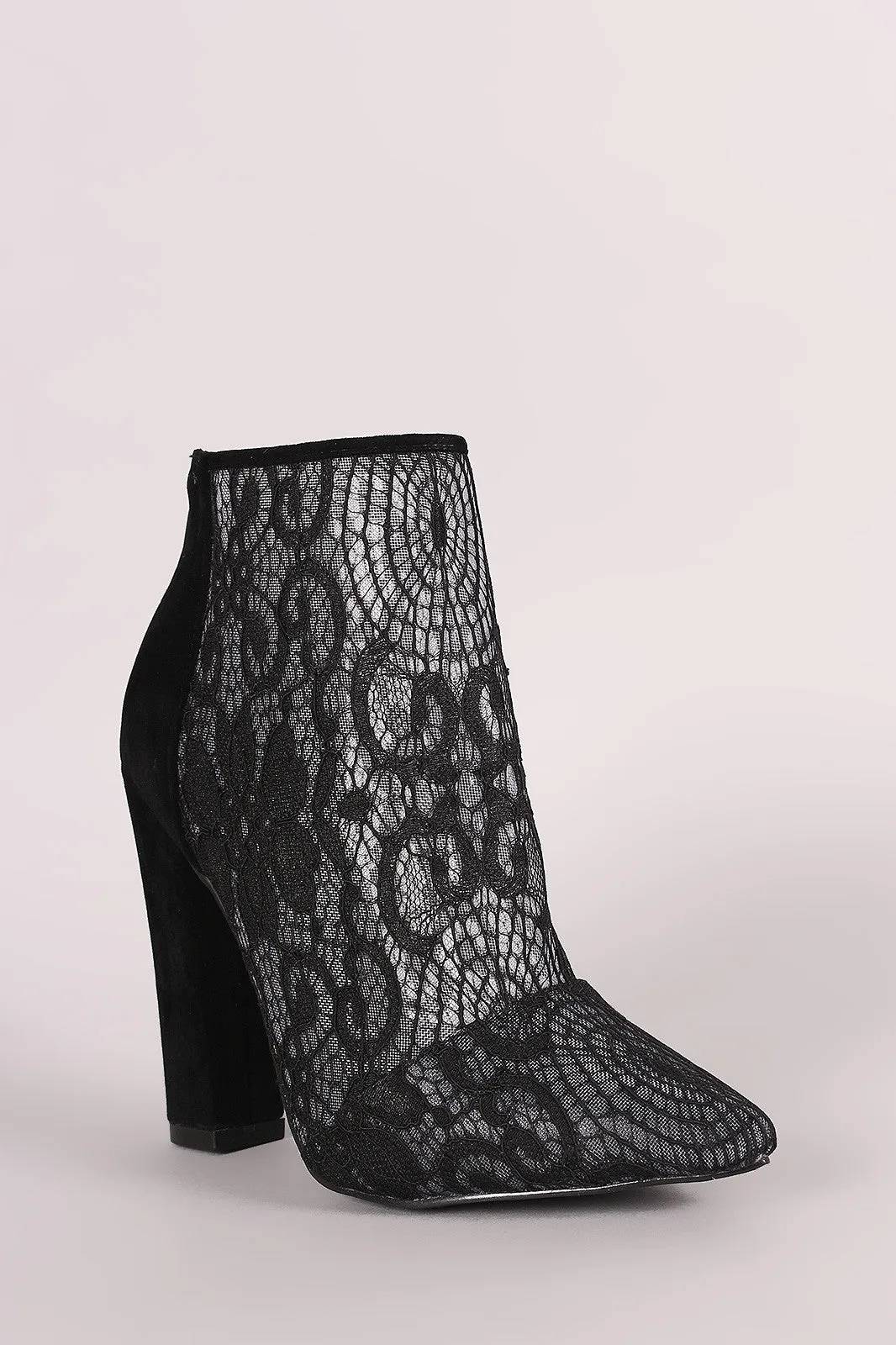 Shoe Republic LA Suede Lace Pointy Toe Chunky Heeled Booties