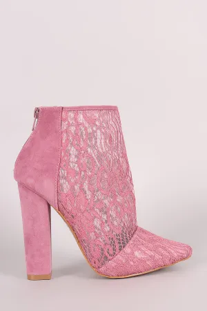 Shoe Republic LA Suede Lace Pointy Toe Chunky Heeled Booties