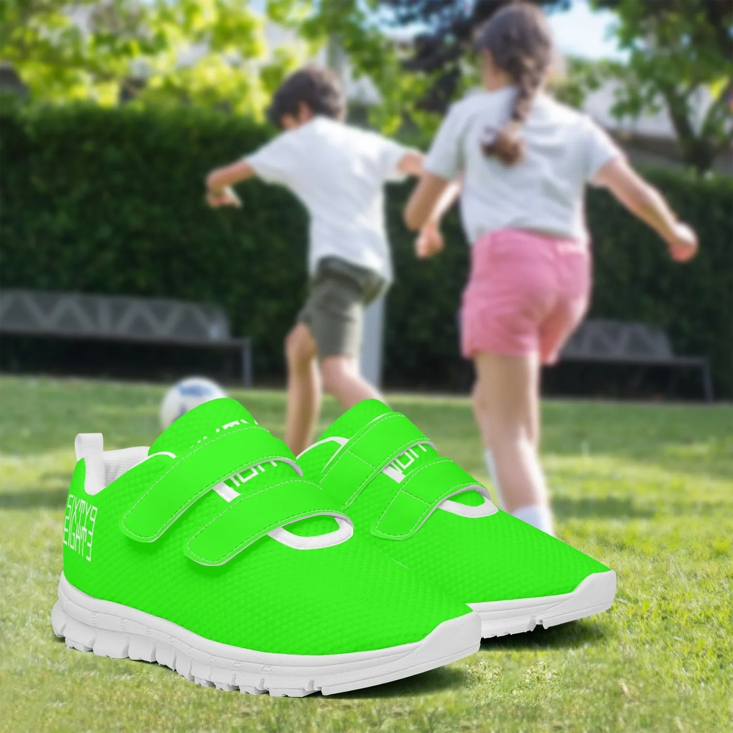 Sixty Eight 93 Logo White Lime Green Kids Lightweight Velcro Shoe