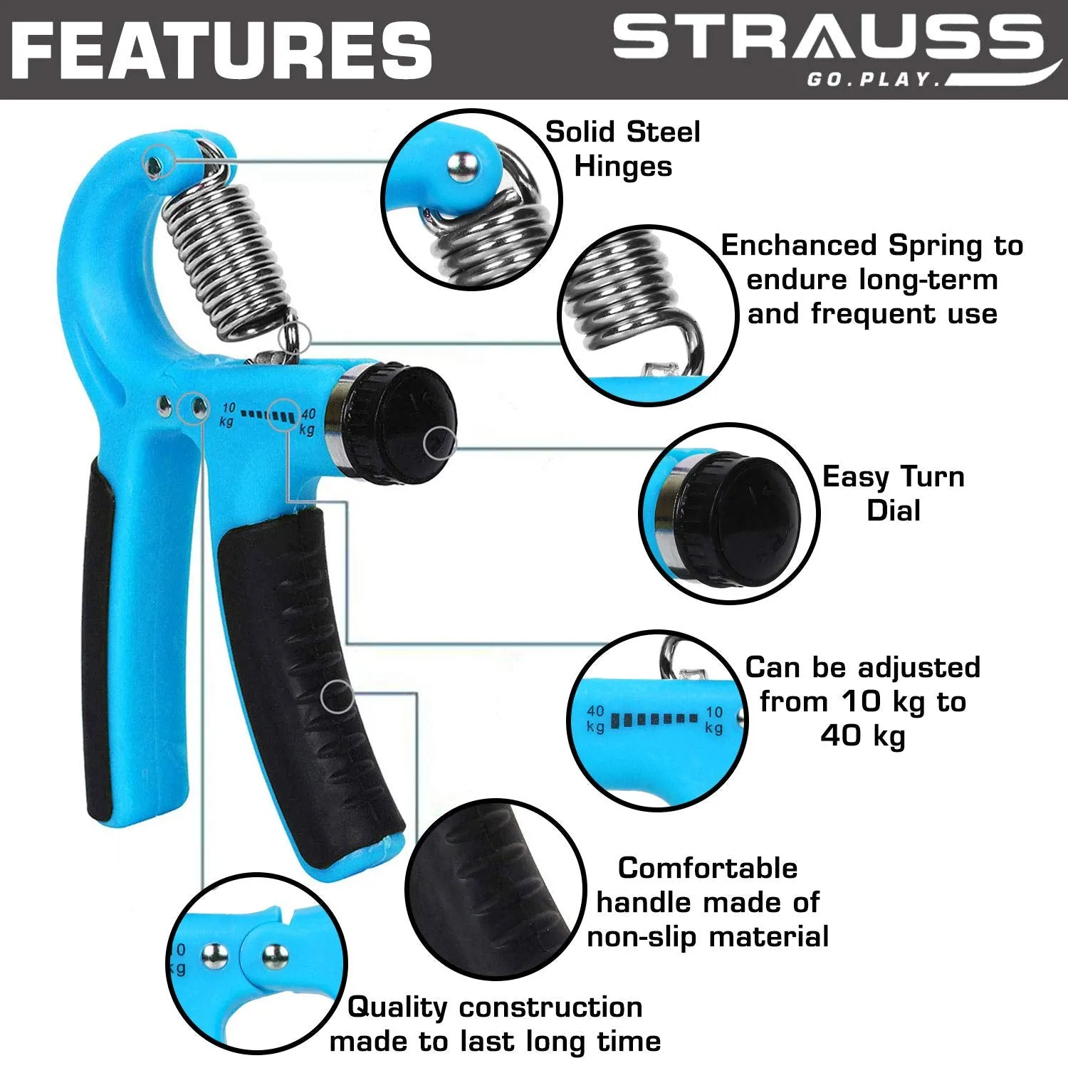 Strauss Adjustable Hand Grip Strengthener (Black/Blue) and Moto Push Up Bar, Pair (Black/Blue)