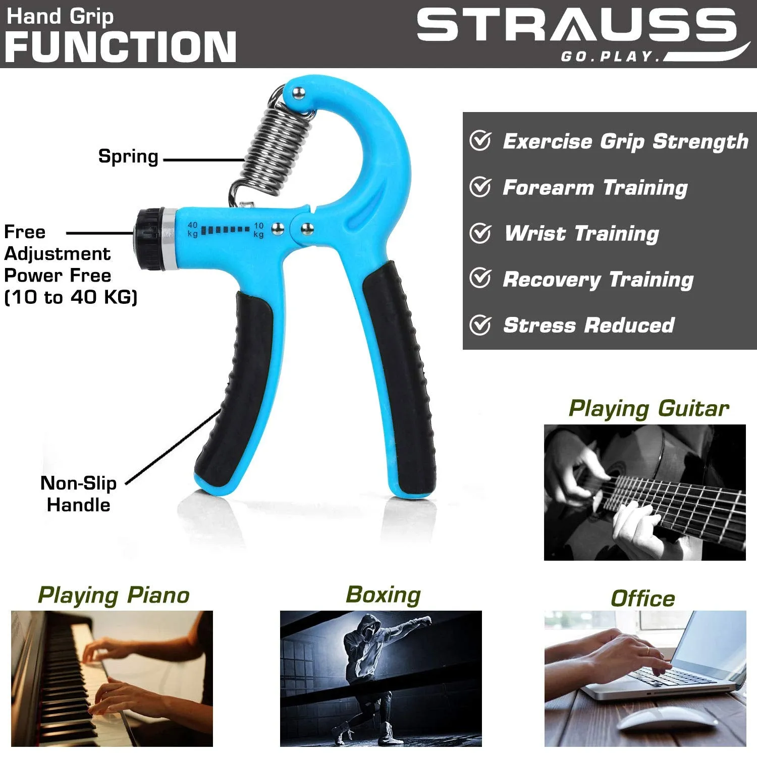 Strauss Adjustable Hand Grip Strengthener (Black/Blue) and Moto Push Up Bar, Pair (Black/Blue)