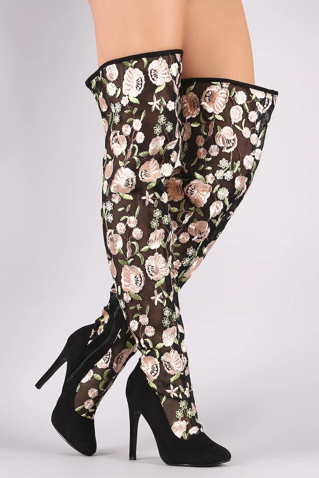 Suede Floral Embroidery Mesh Stiletto Over-The-Knee Boots