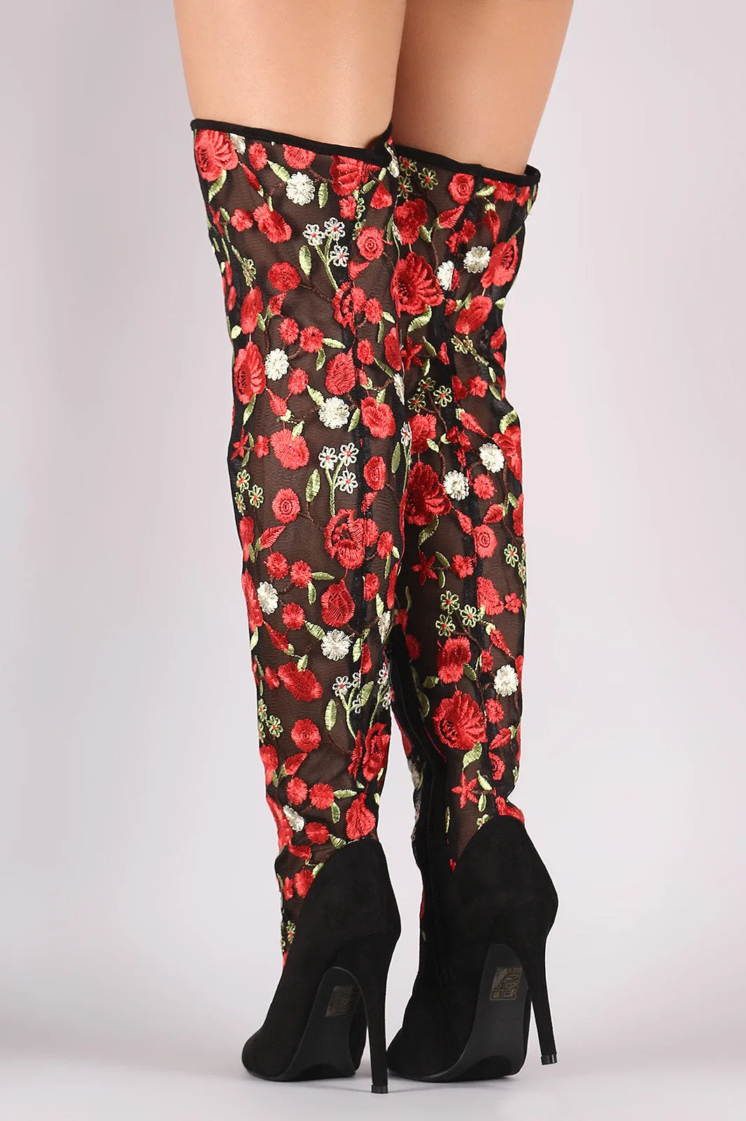 Suede Floral Embroidery Mesh Stiletto Over-The-Knee Boots