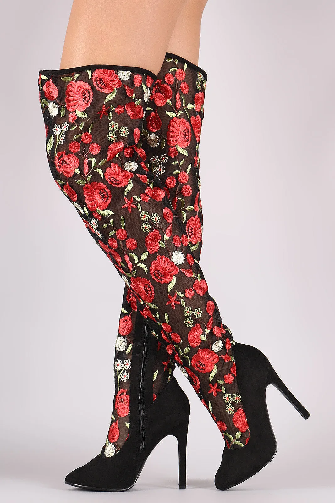 Suede Floral Embroidery Mesh Stiletto Over-The-Knee Boots