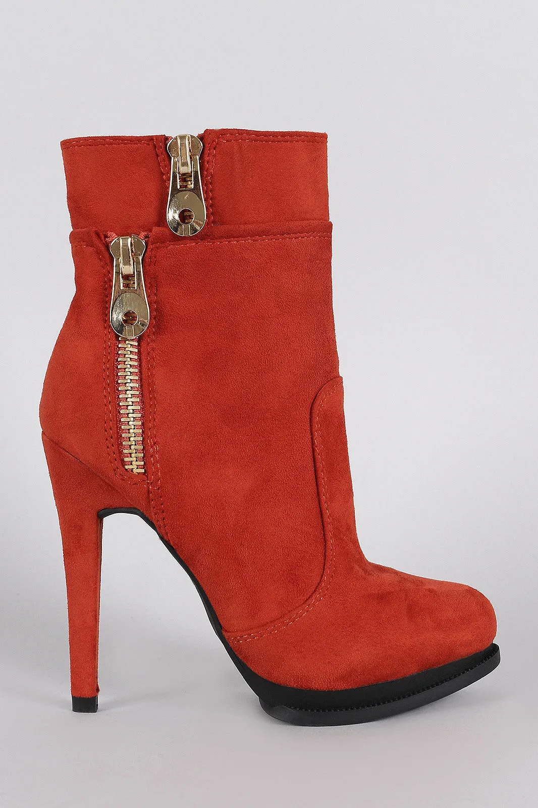 Suede Zipper Trim Almond Toe Heeled Booties