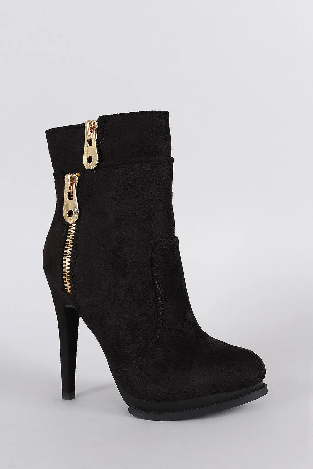 Suede Zipper Trim Almond Toe Heeled Booties