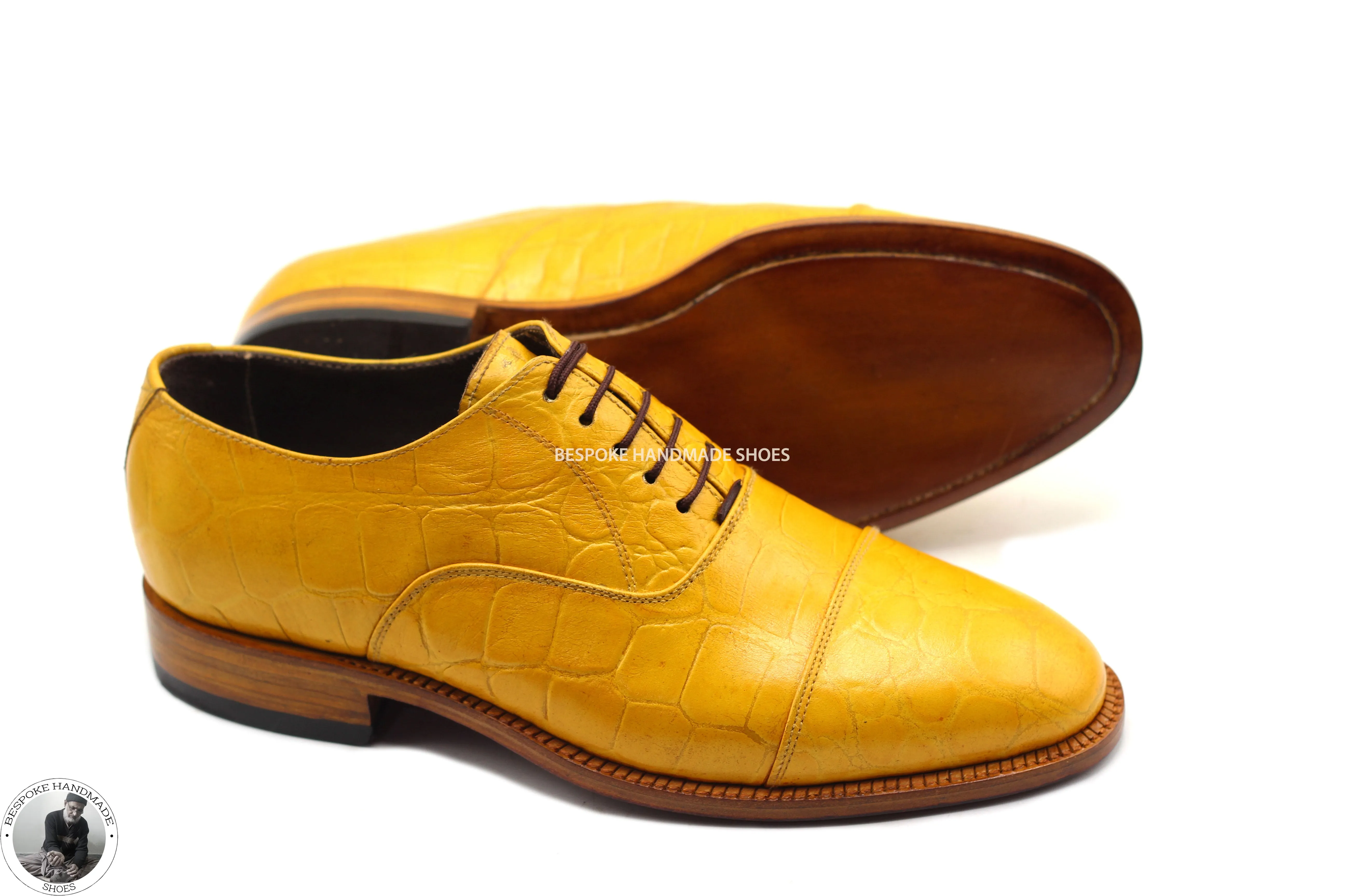 Tailor Made Genuine Crocodile Yellow Leather Toe Cap Oxford Lace up Dress And Formal Shoes