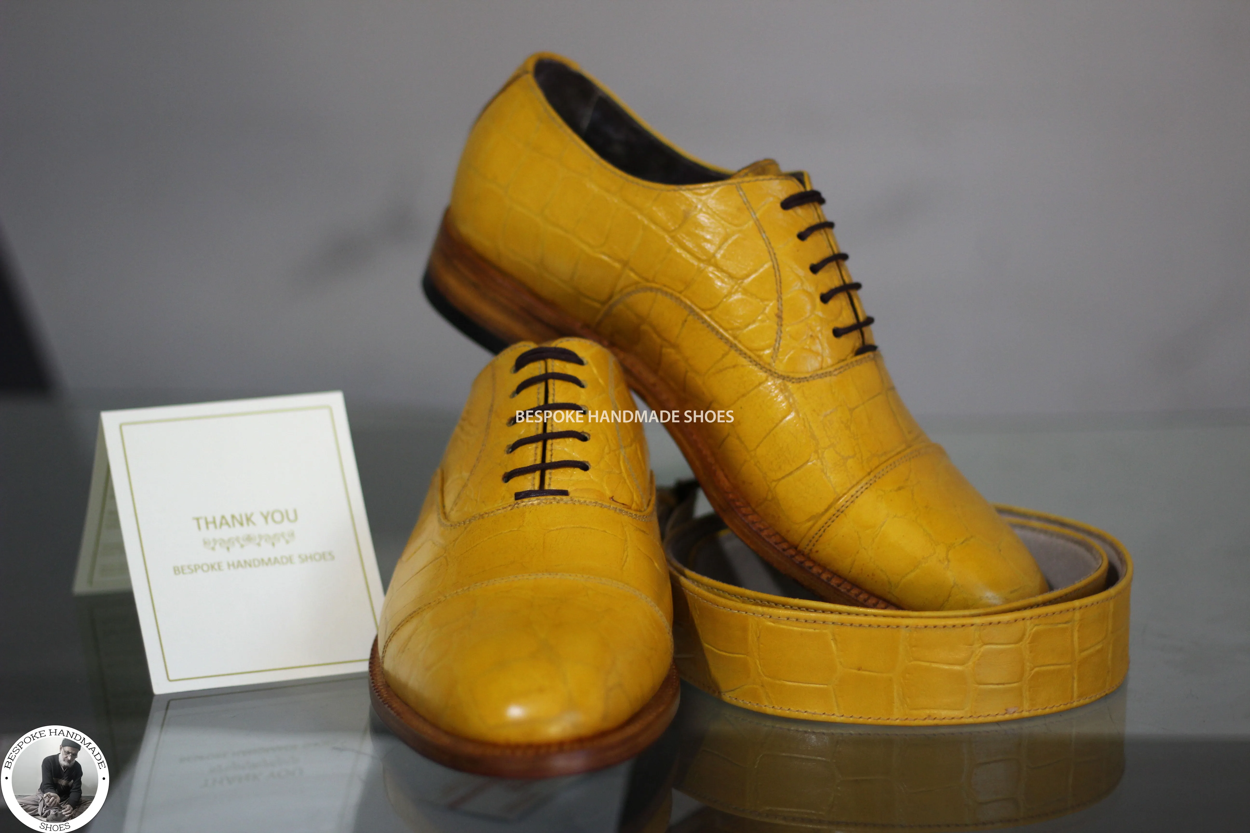 Tailor Made Genuine Crocodile Yellow Leather Toe Cap Oxford Lace up Dress And Formal Shoes