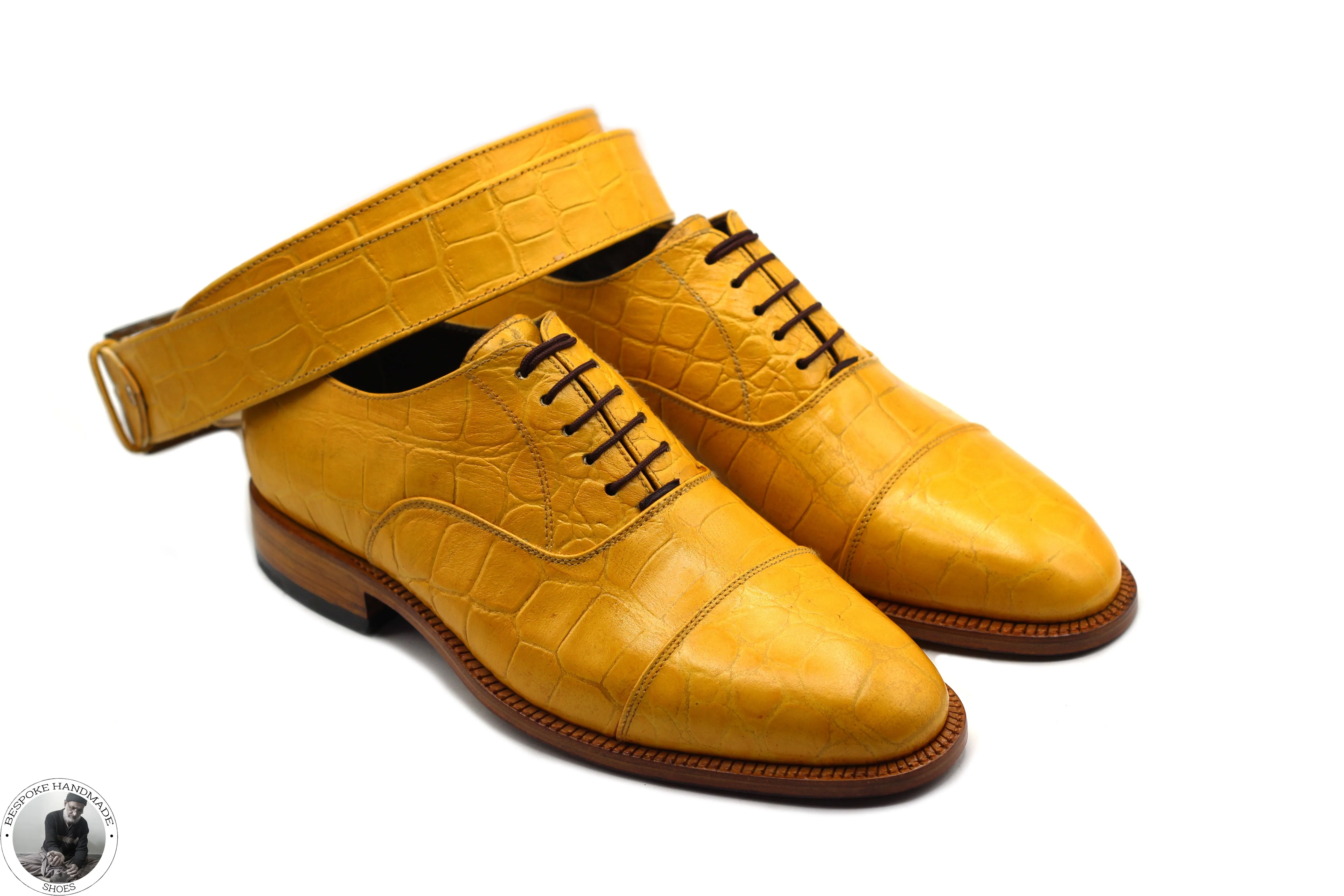 Tailor Made Genuine Crocodile Yellow Leather Toe Cap Oxford Lace up Dress And Formal Shoes