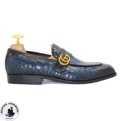 Tailor made Men's Blue Crocodile Print Leather Slip On Loafers Dress and Formal Shoes