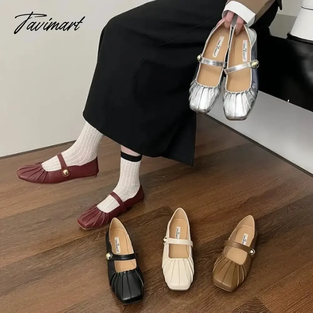 Tavimart Korean Style Women Flat Women's Square Toe wrinkle Retro Single Shoes Mary Jane Shoes Ballerina Flats Mujer