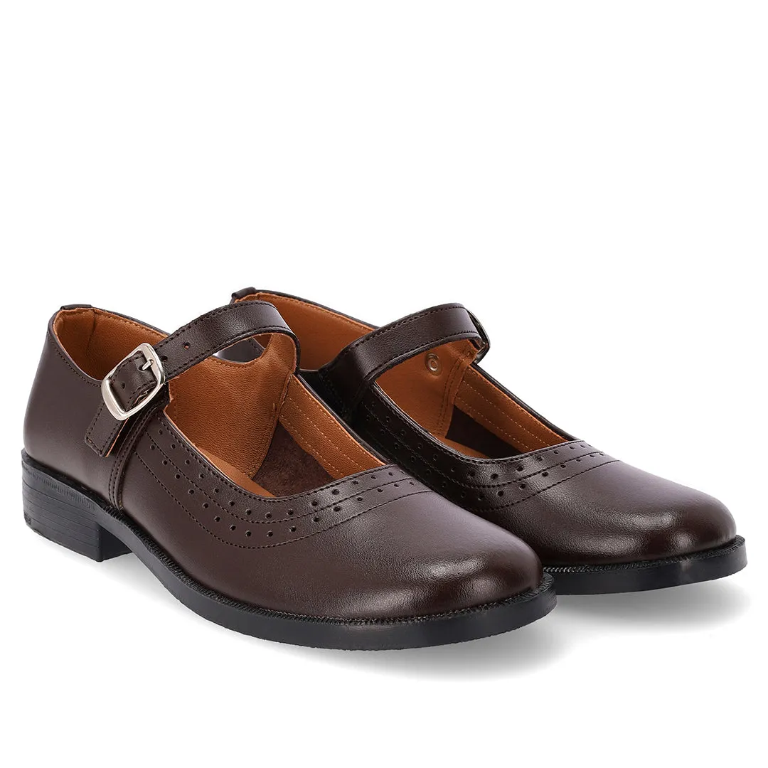 Toughees Pearl Ladies One Bar School Shoes - Brown