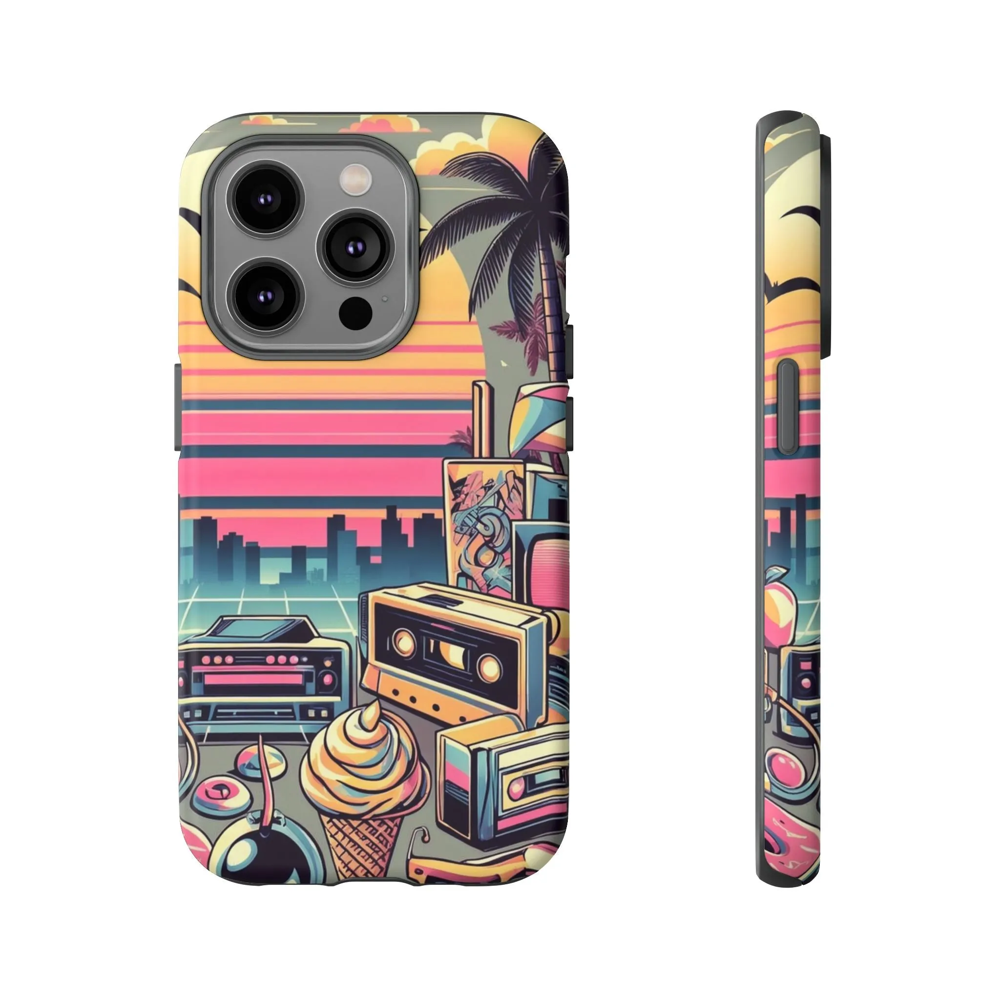 Who needs boring city skylines when you can have an epic sunset, palm trees, and 80s icons on your cell phone case?