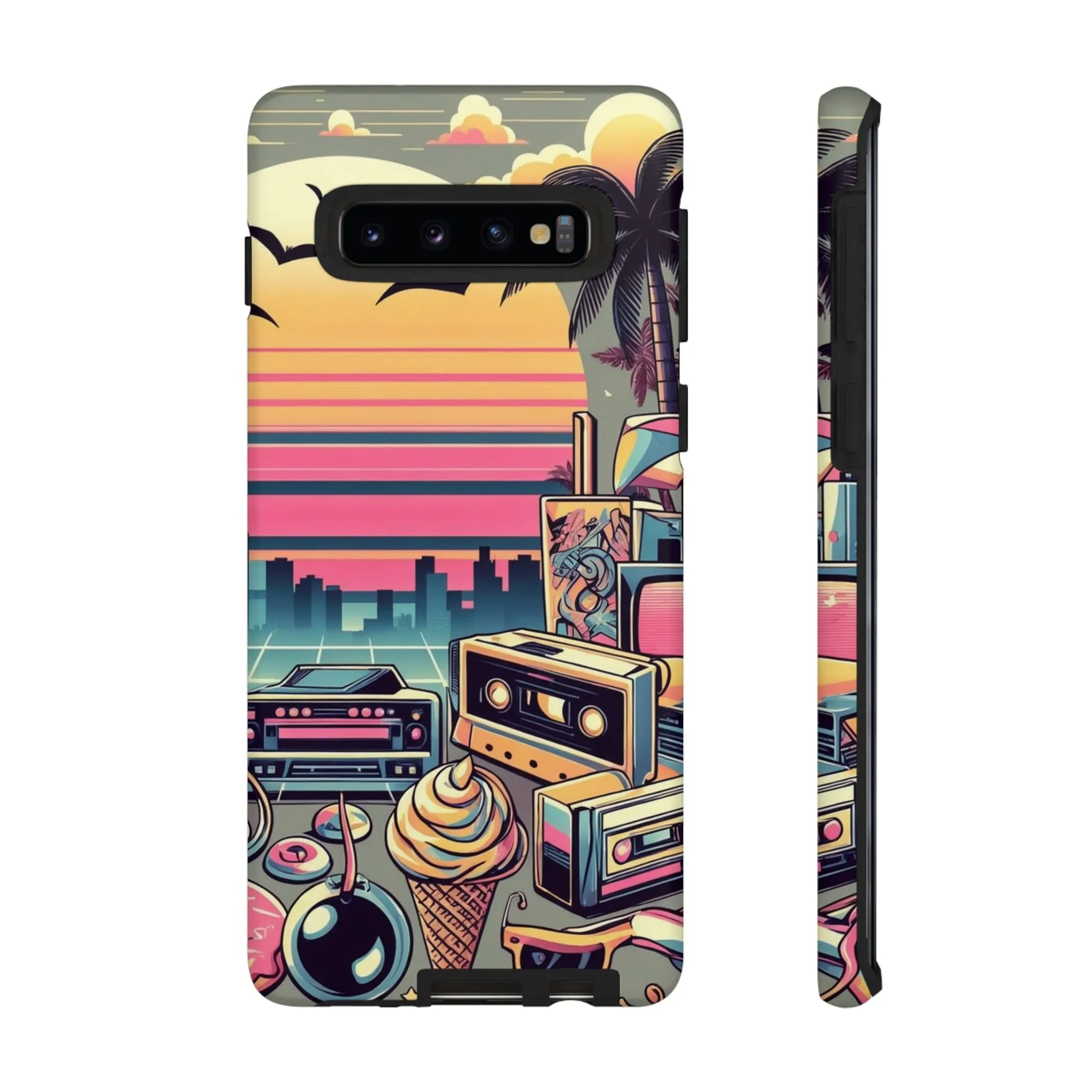 Who needs boring city skylines when you can have an epic sunset, palm trees, and 80s icons on your cell phone case?