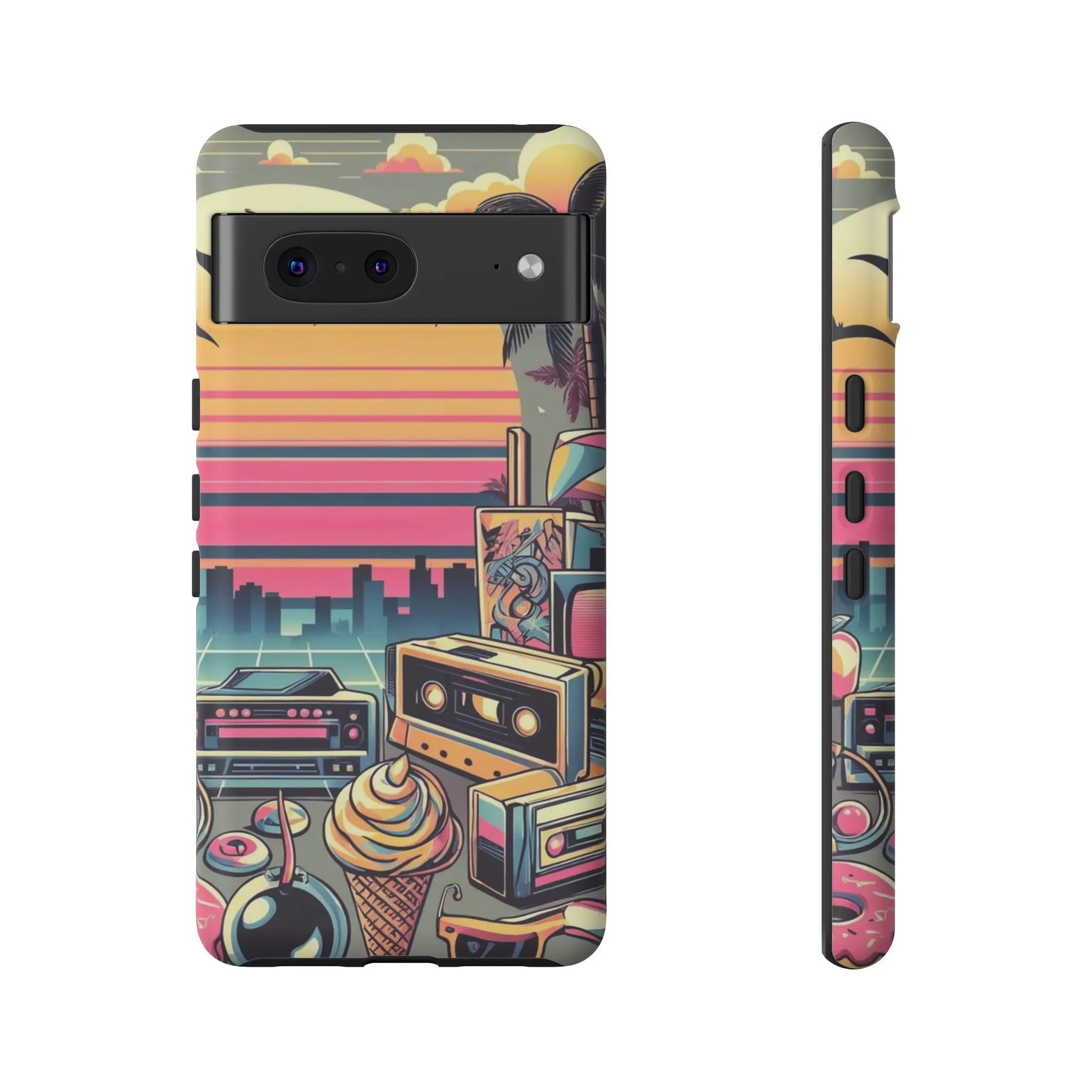 Who needs boring city skylines when you can have an epic sunset, palm trees, and 80s icons on your cell phone case?