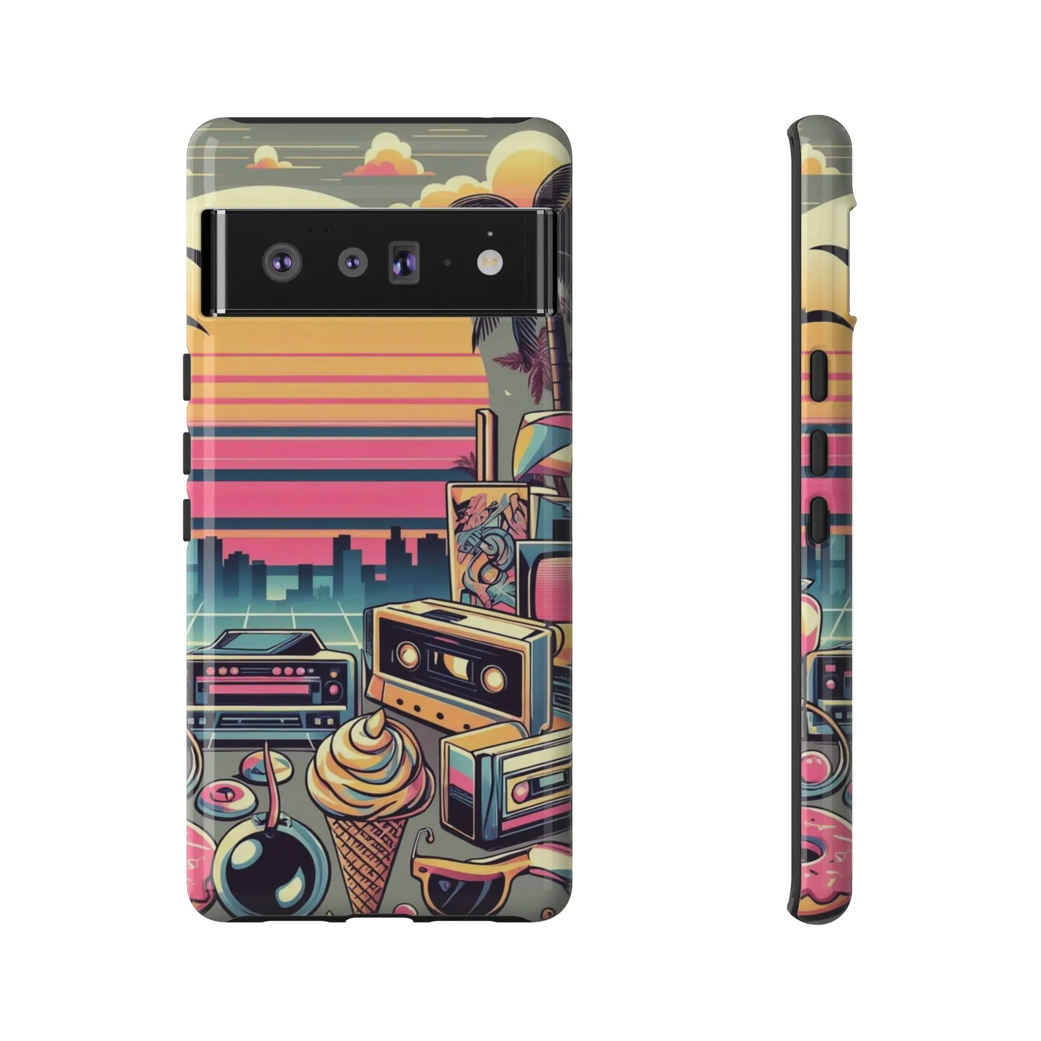 Who needs boring city skylines when you can have an epic sunset, palm trees, and 80s icons on your cell phone case?