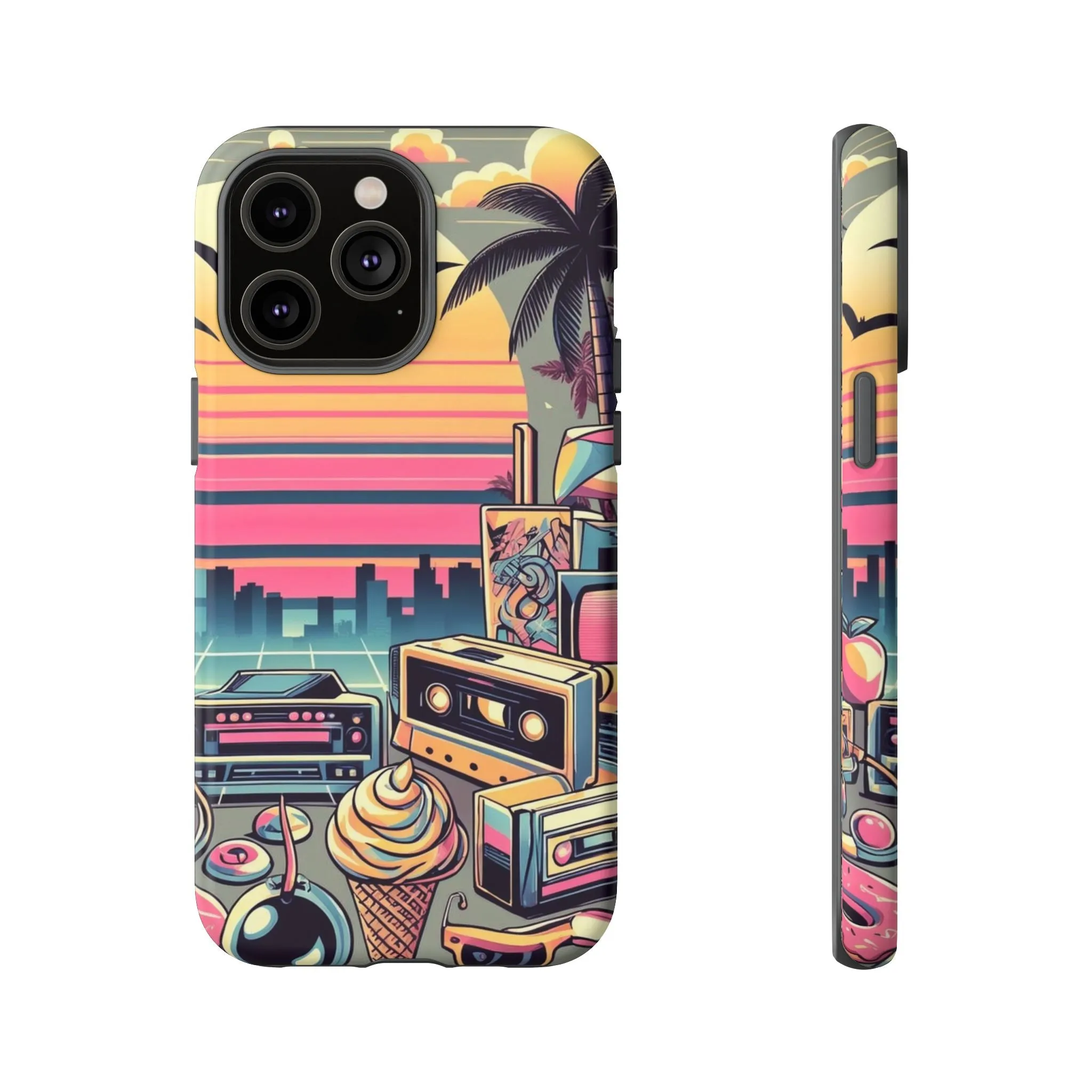 Who needs boring city skylines when you can have an epic sunset, palm trees, and 80s icons on your cell phone case?