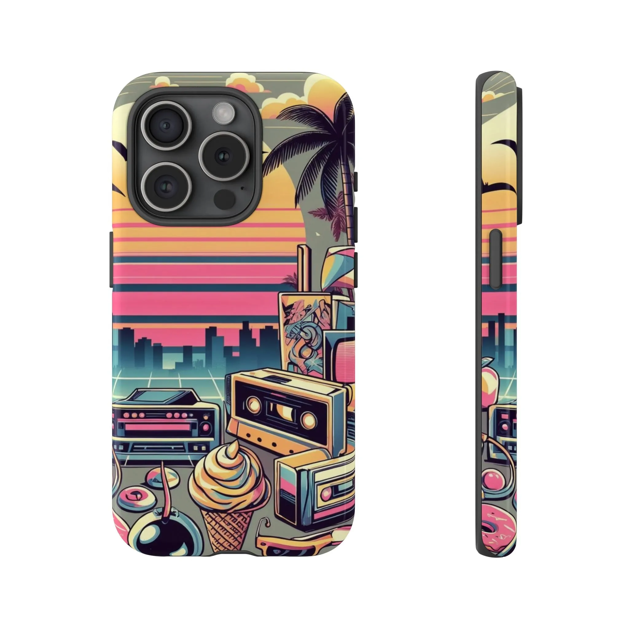 Who needs boring city skylines when you can have an epic sunset, palm trees, and 80s icons on your cell phone case?