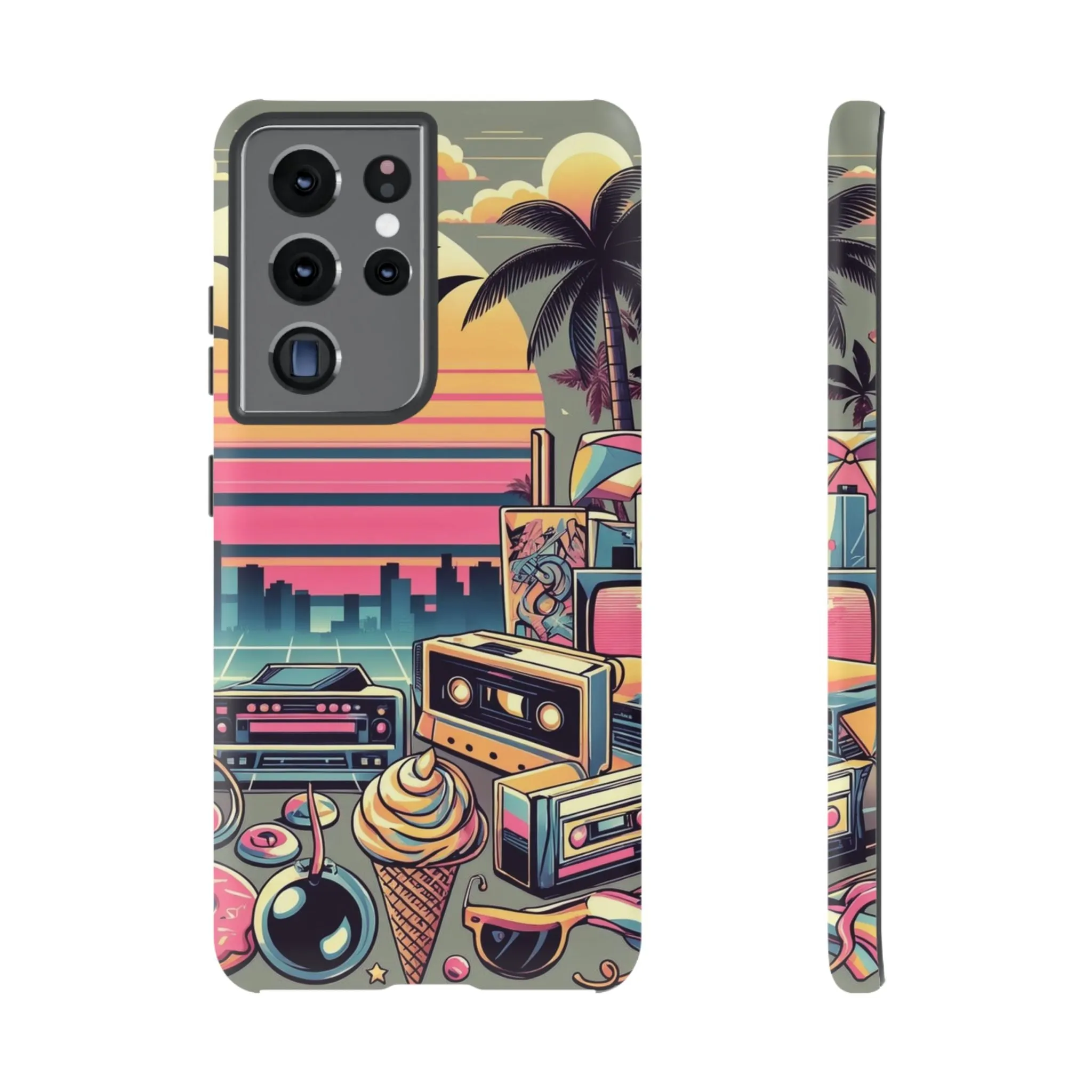 Who needs boring city skylines when you can have an epic sunset, palm trees, and 80s icons on your cell phone case?