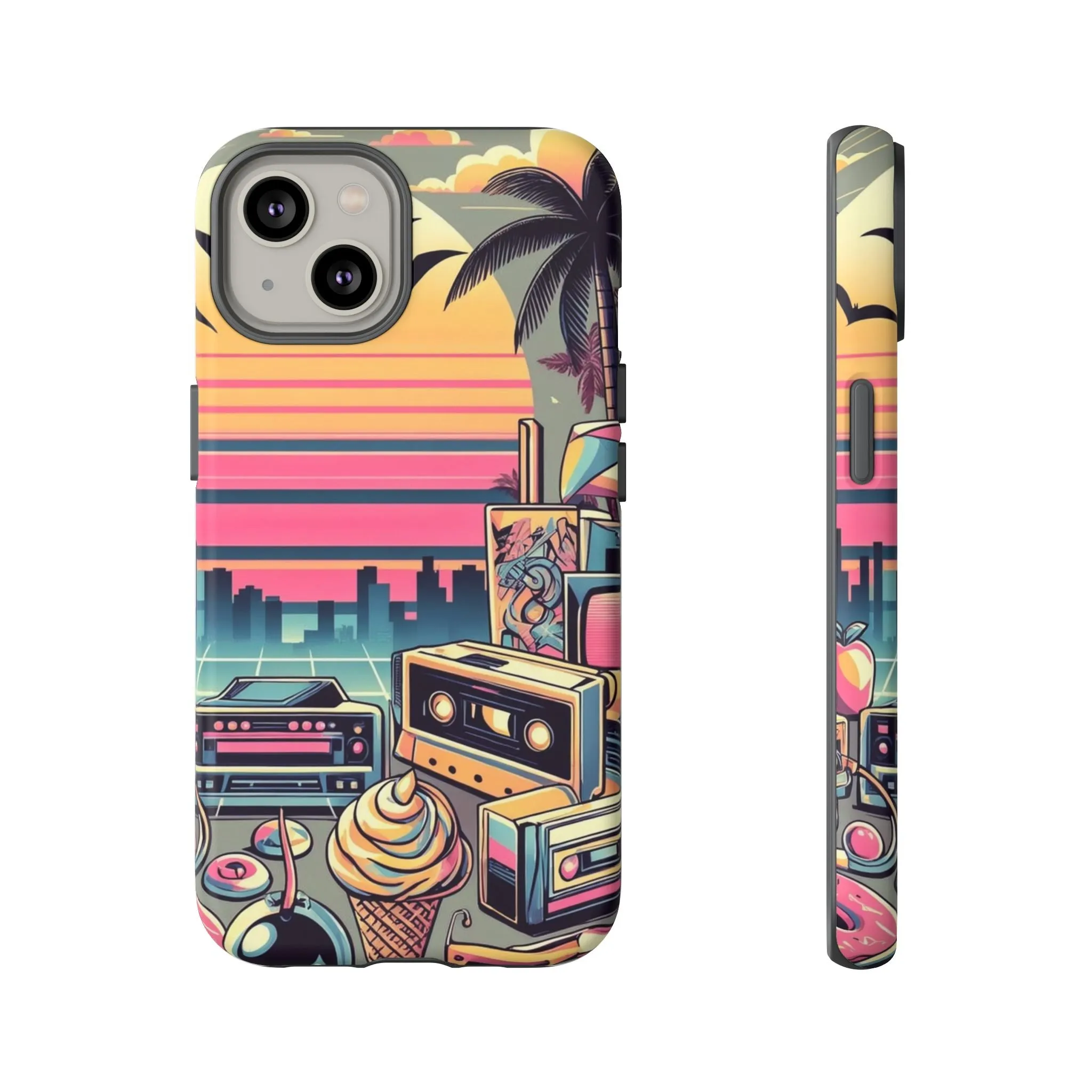 Who needs boring city skylines when you can have an epic sunset, palm trees, and 80s icons on your cell phone case?