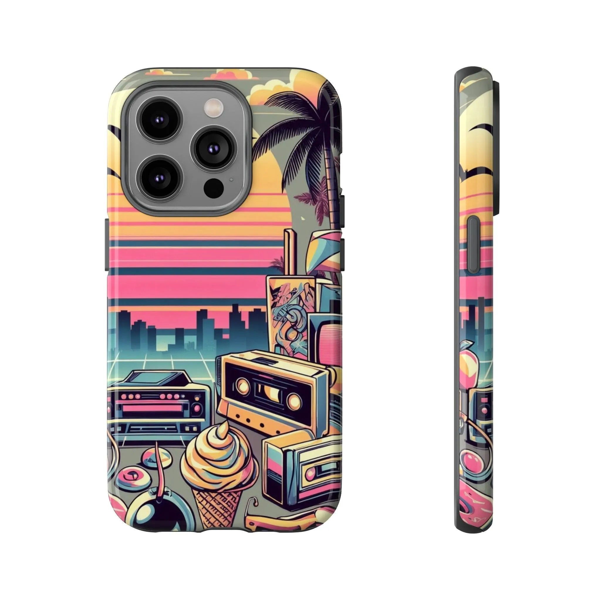 Who needs boring city skylines when you can have an epic sunset, palm trees, and 80s icons on your cell phone case?