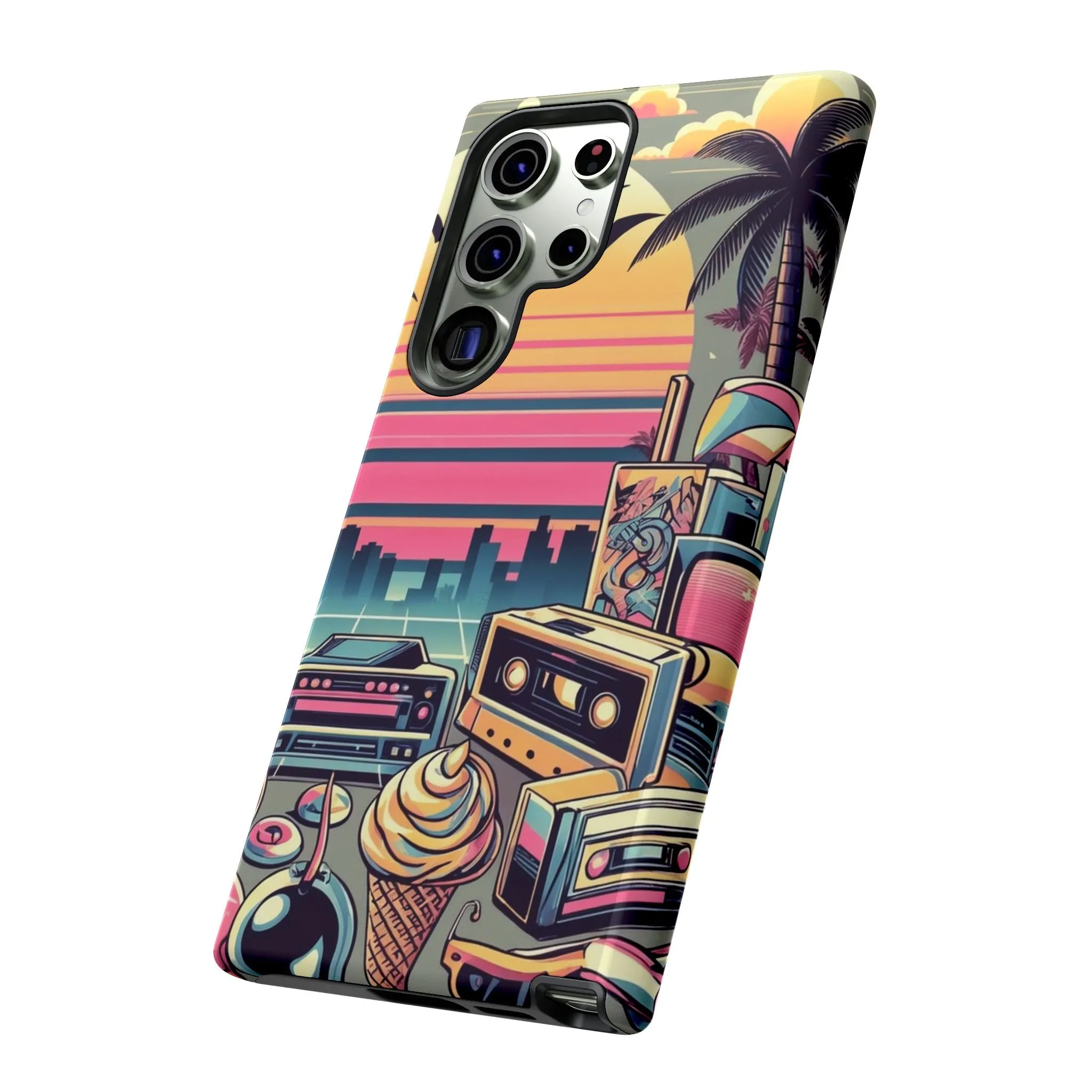 Who needs boring city skylines when you can have an epic sunset, palm trees, and 80s icons on your cell phone case?