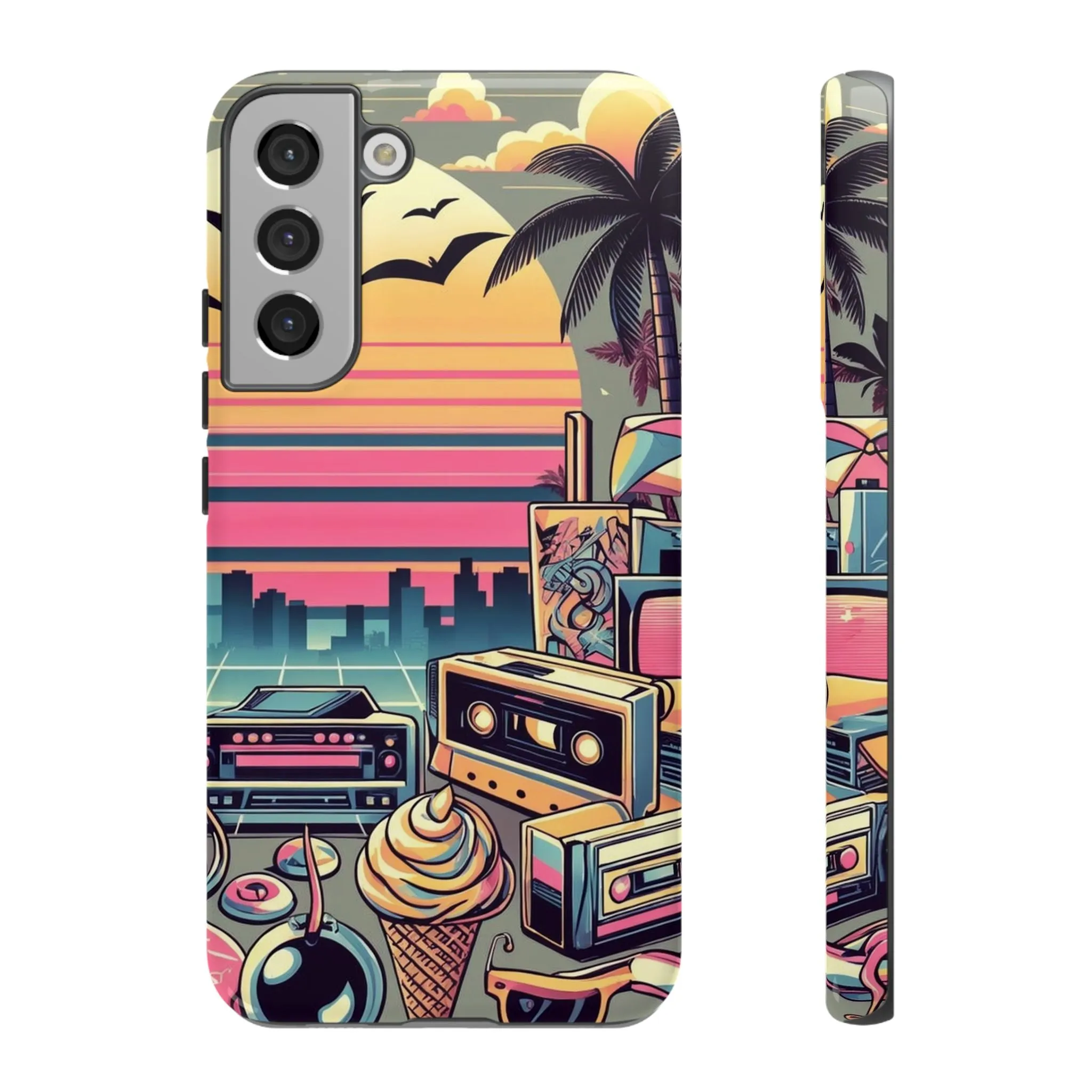 Who needs boring city skylines when you can have an epic sunset, palm trees, and 80s icons on your cell phone case?