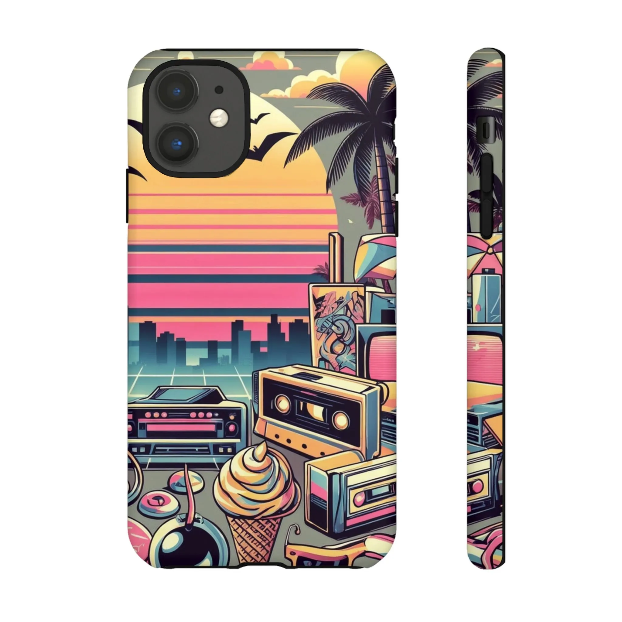 Who needs boring city skylines when you can have an epic sunset, palm trees, and 80s icons on your cell phone case?