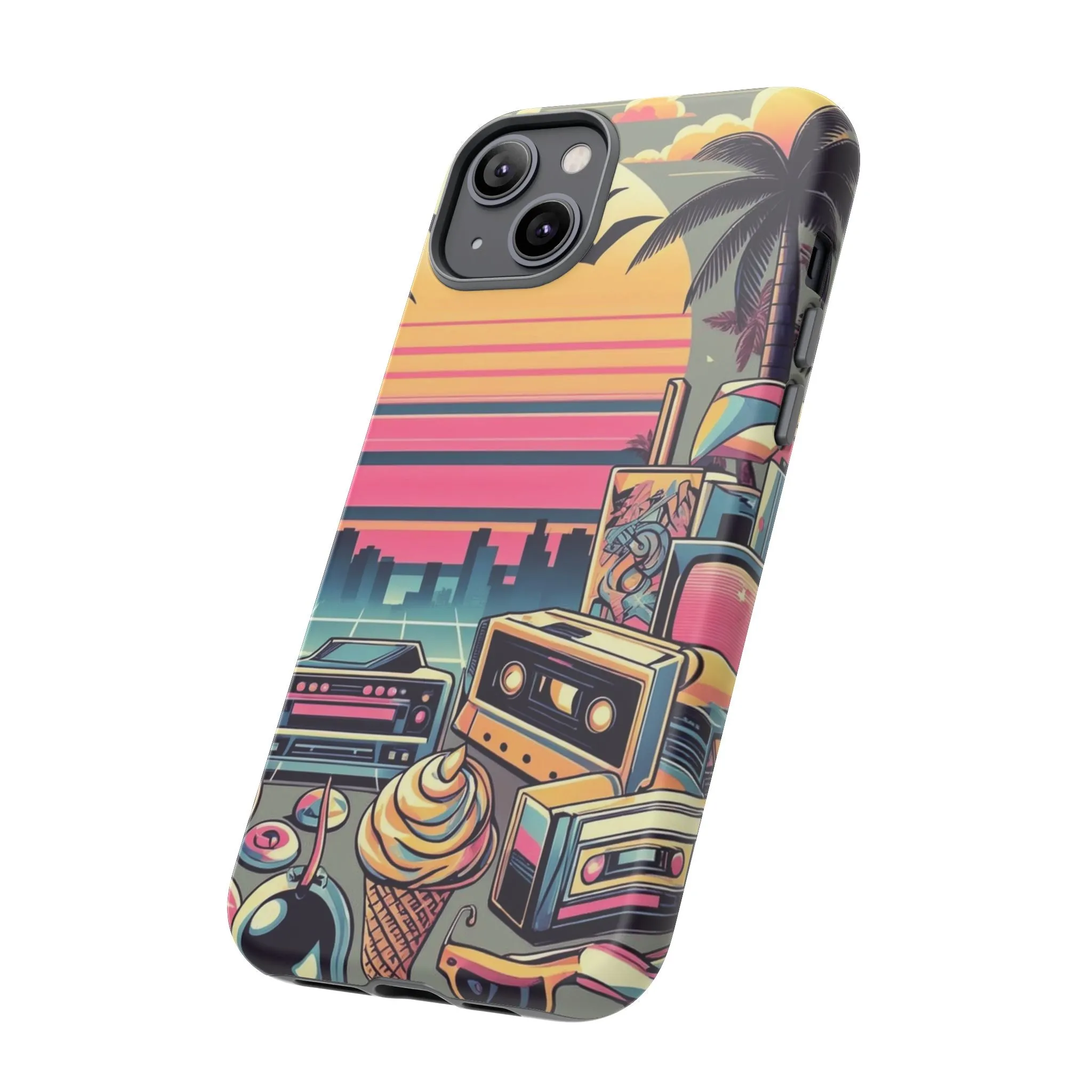 Who needs boring city skylines when you can have an epic sunset, palm trees, and 80s icons on your cell phone case?