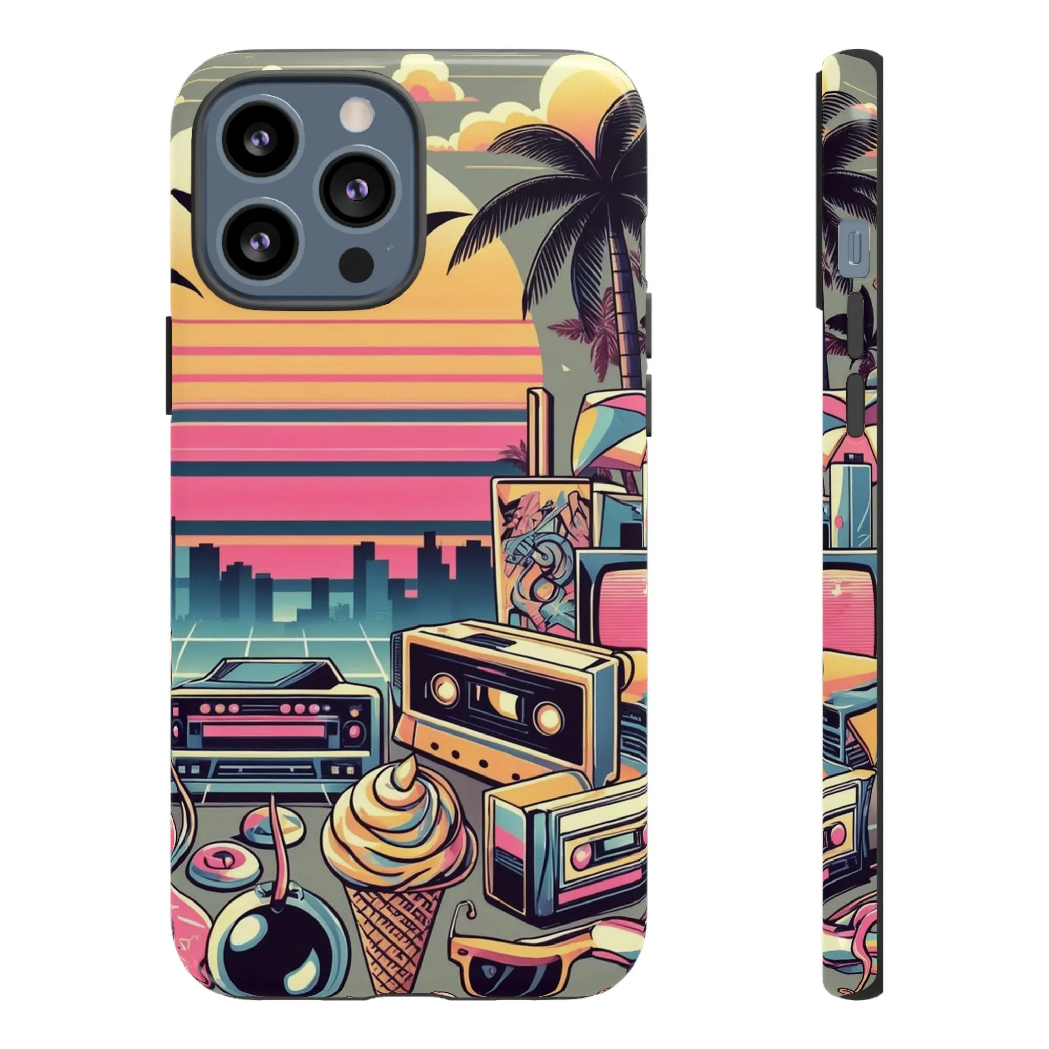 Who needs boring city skylines when you can have an epic sunset, palm trees, and 80s icons on your cell phone case?