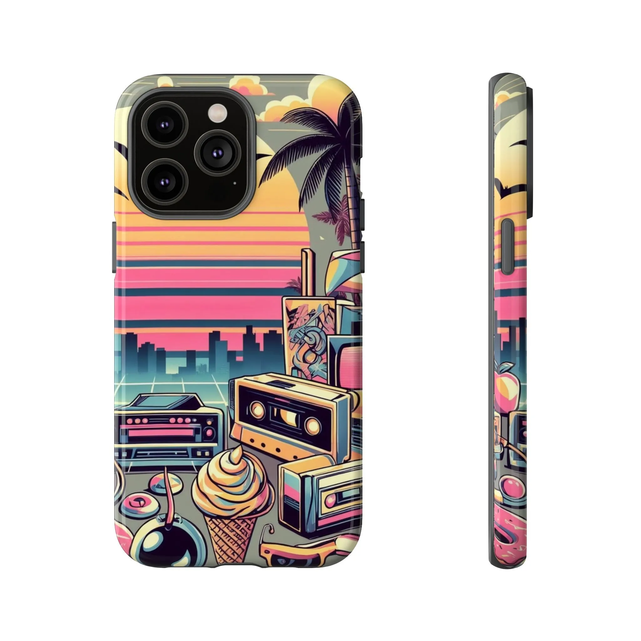 Who needs boring city skylines when you can have an epic sunset, palm trees, and 80s icons on your cell phone case?