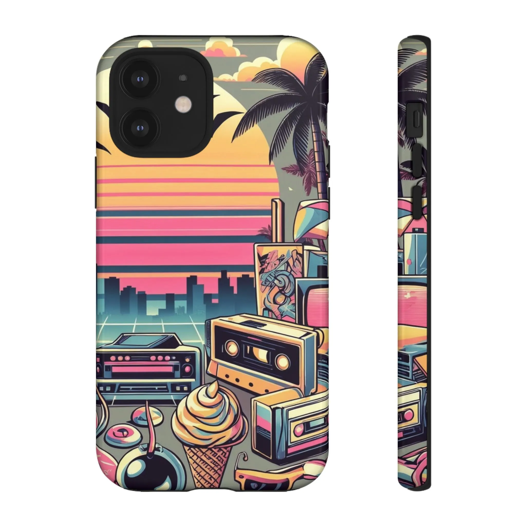 Who needs boring city skylines when you can have an epic sunset, palm trees, and 80s icons on your cell phone case?