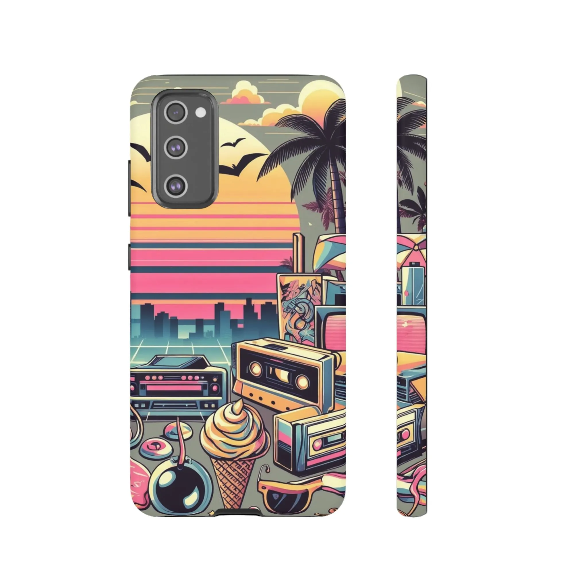 Who needs boring city skylines when you can have an epic sunset, palm trees, and 80s icons on your cell phone case?