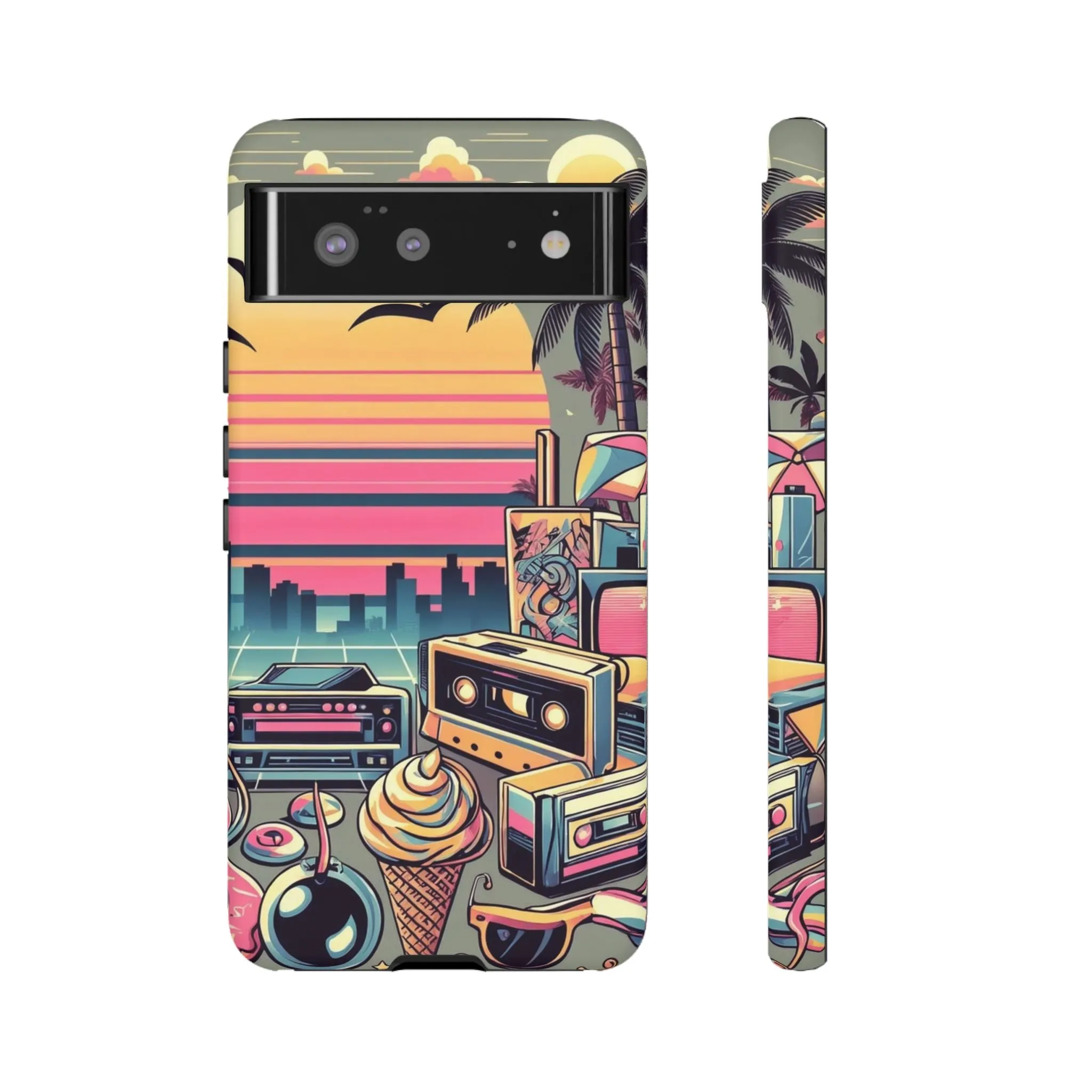 Who needs boring city skylines when you can have an epic sunset, palm trees, and 80s icons on your cell phone case?