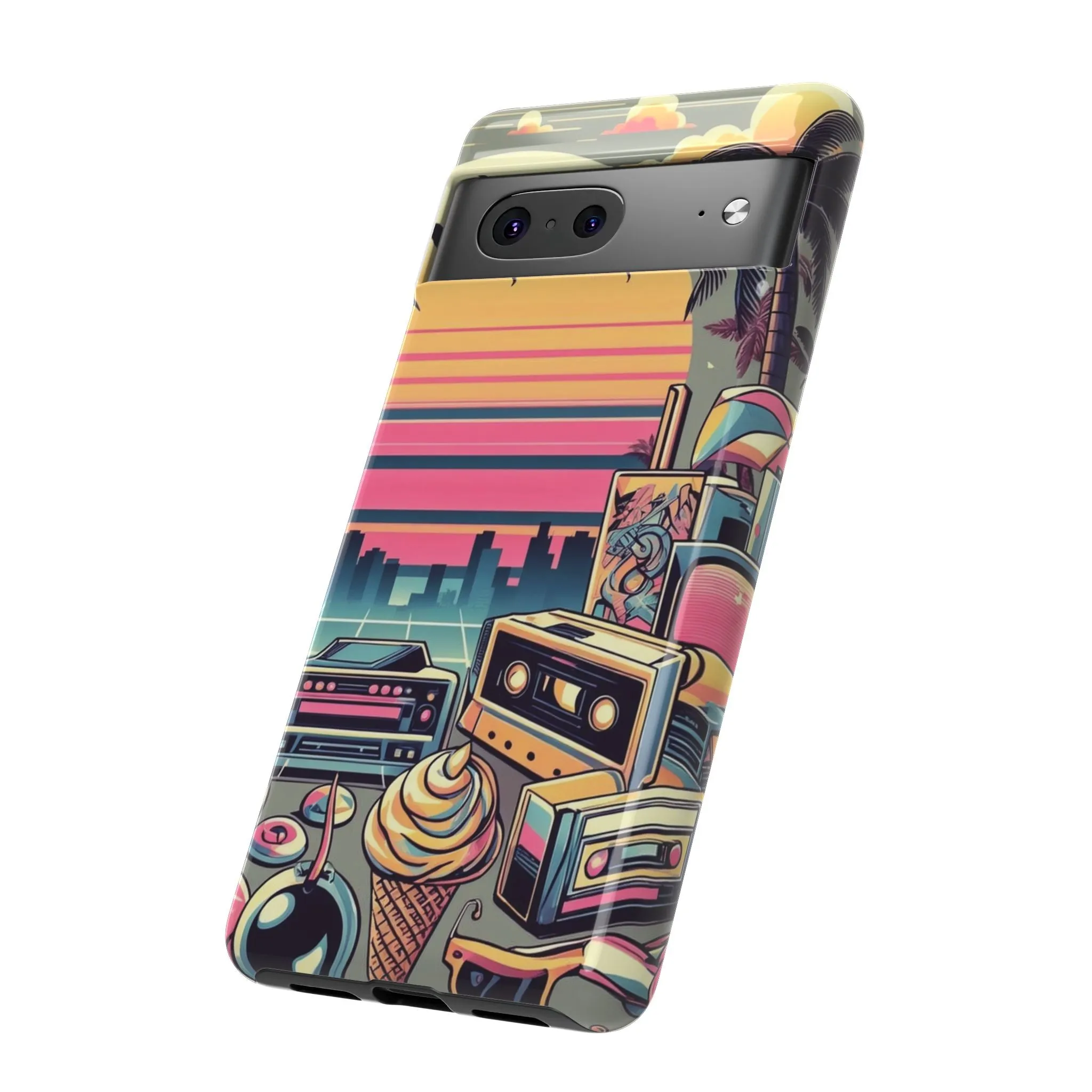 Who needs boring city skylines when you can have an epic sunset, palm trees, and 80s icons on your cell phone case?