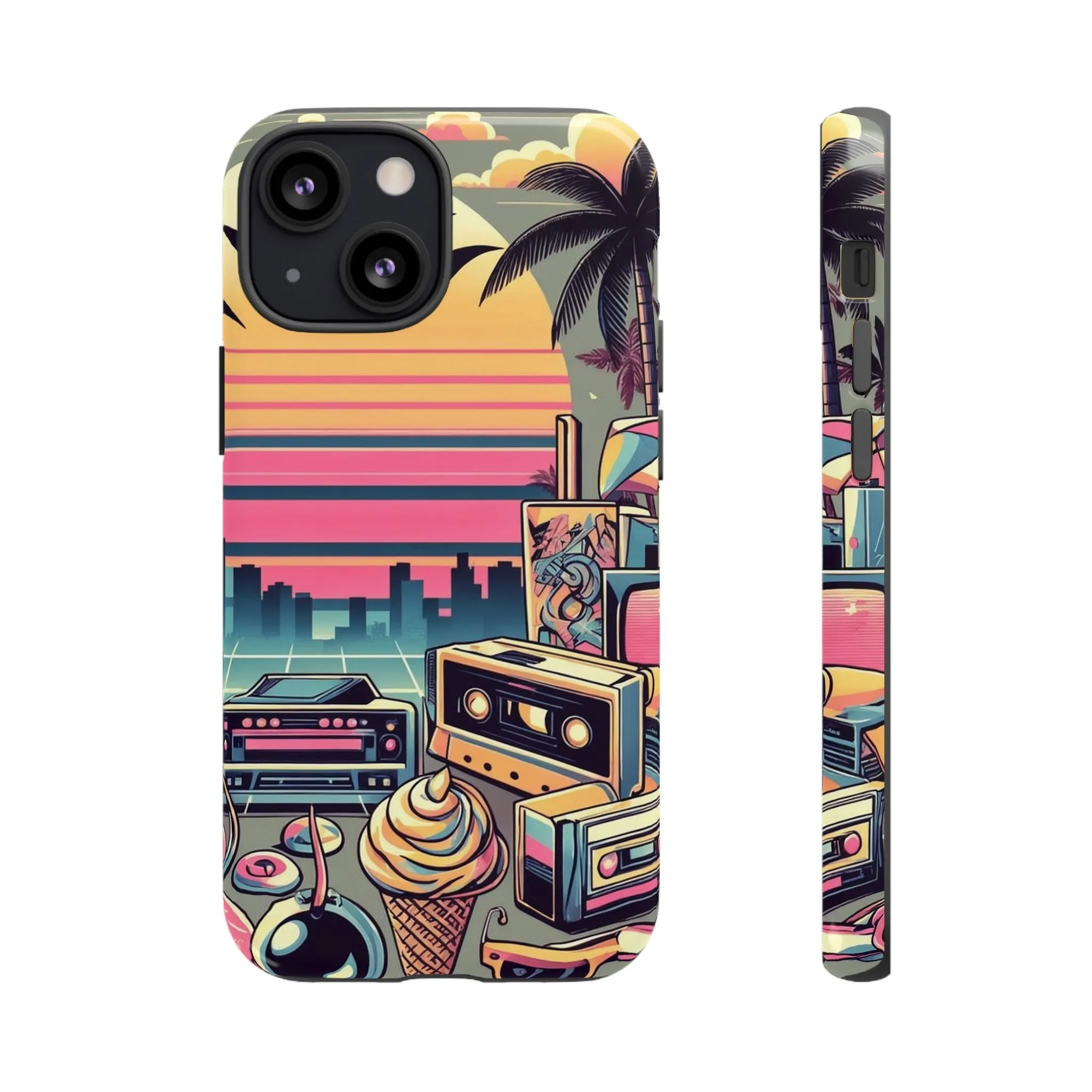 Who needs boring city skylines when you can have an epic sunset, palm trees, and 80s icons on your cell phone case?