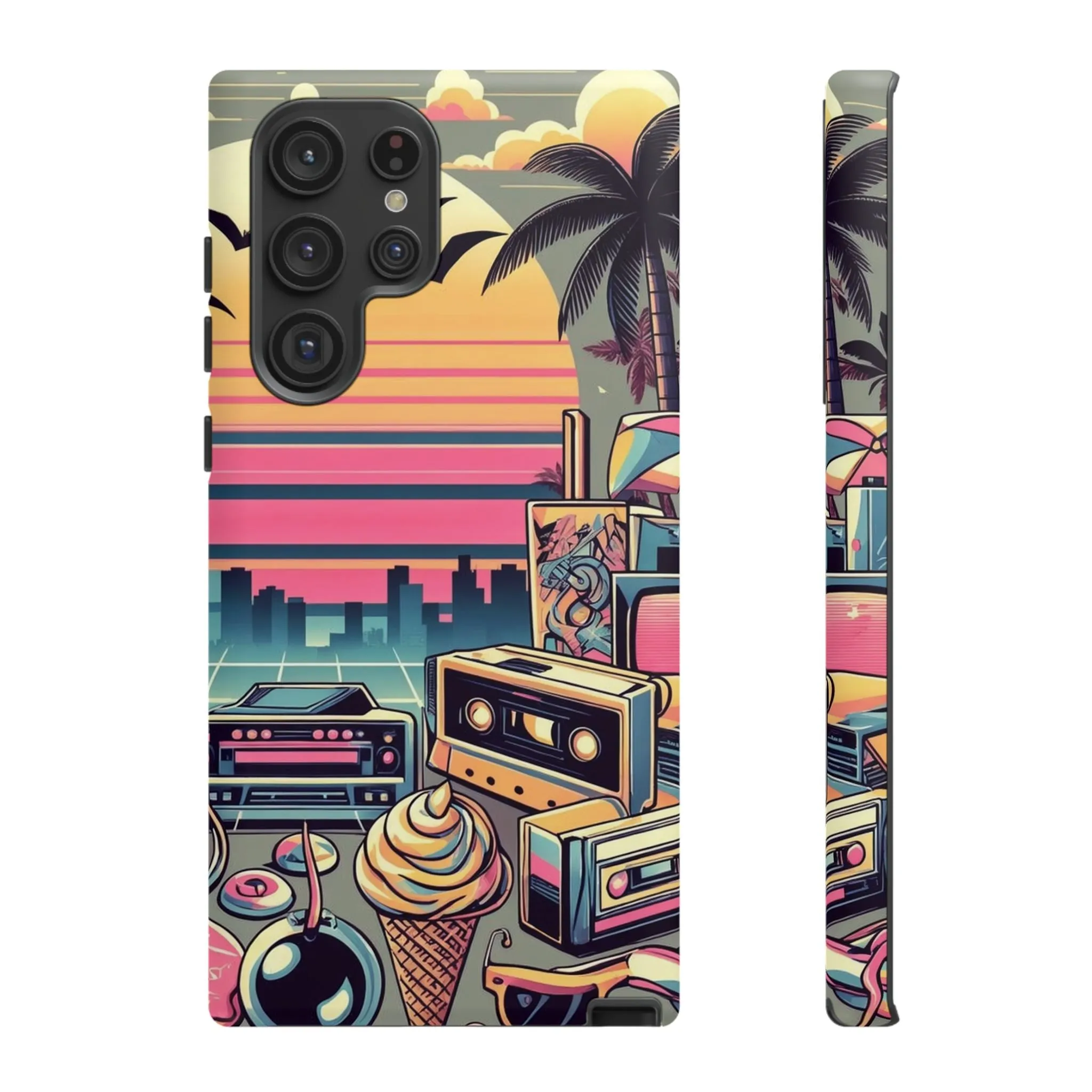 Who needs boring city skylines when you can have an epic sunset, palm trees, and 80s icons on your cell phone case?