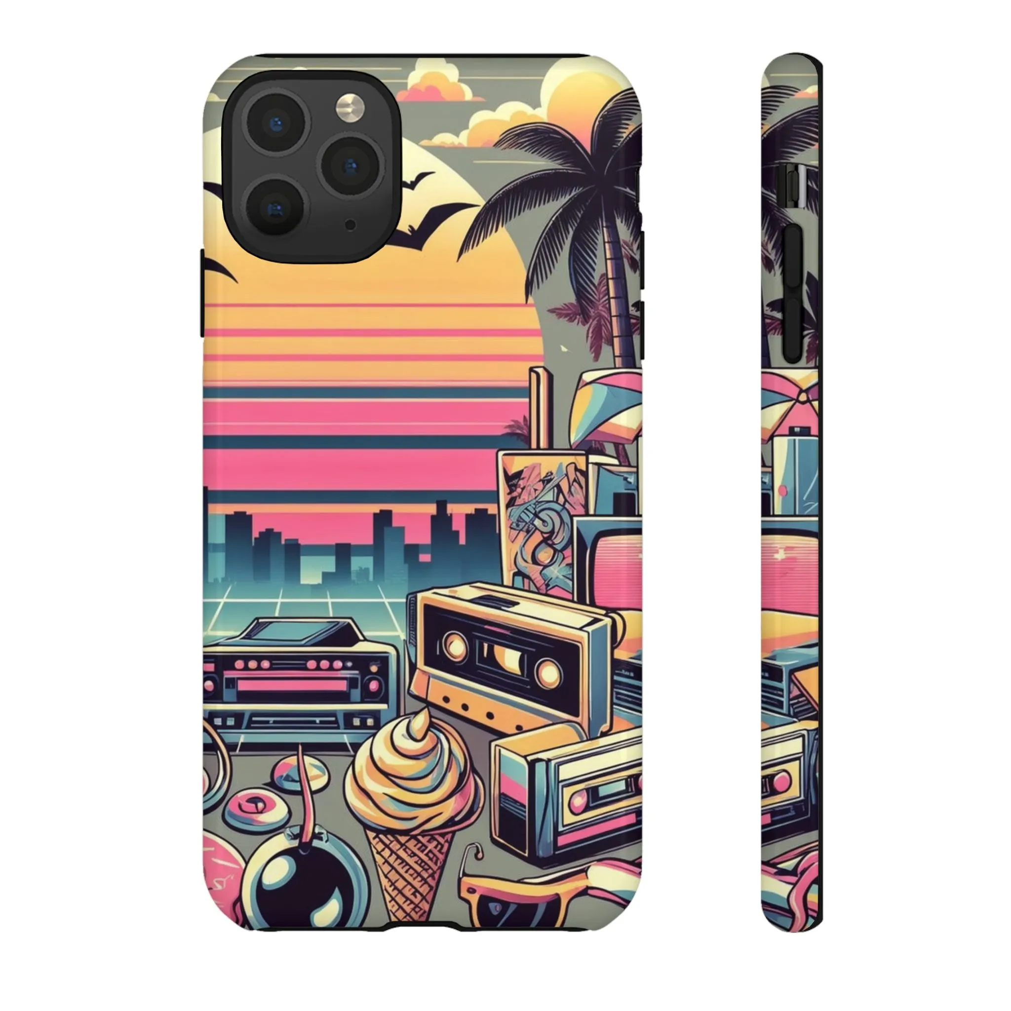 Who needs boring city skylines when you can have an epic sunset, palm trees, and 80s icons on your cell phone case?